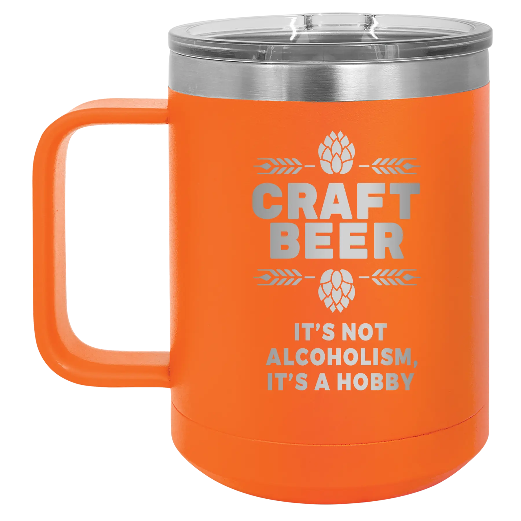 Laser etched orange 15 oz vacuum insulated coffee mug with 'Craft Beer' design
