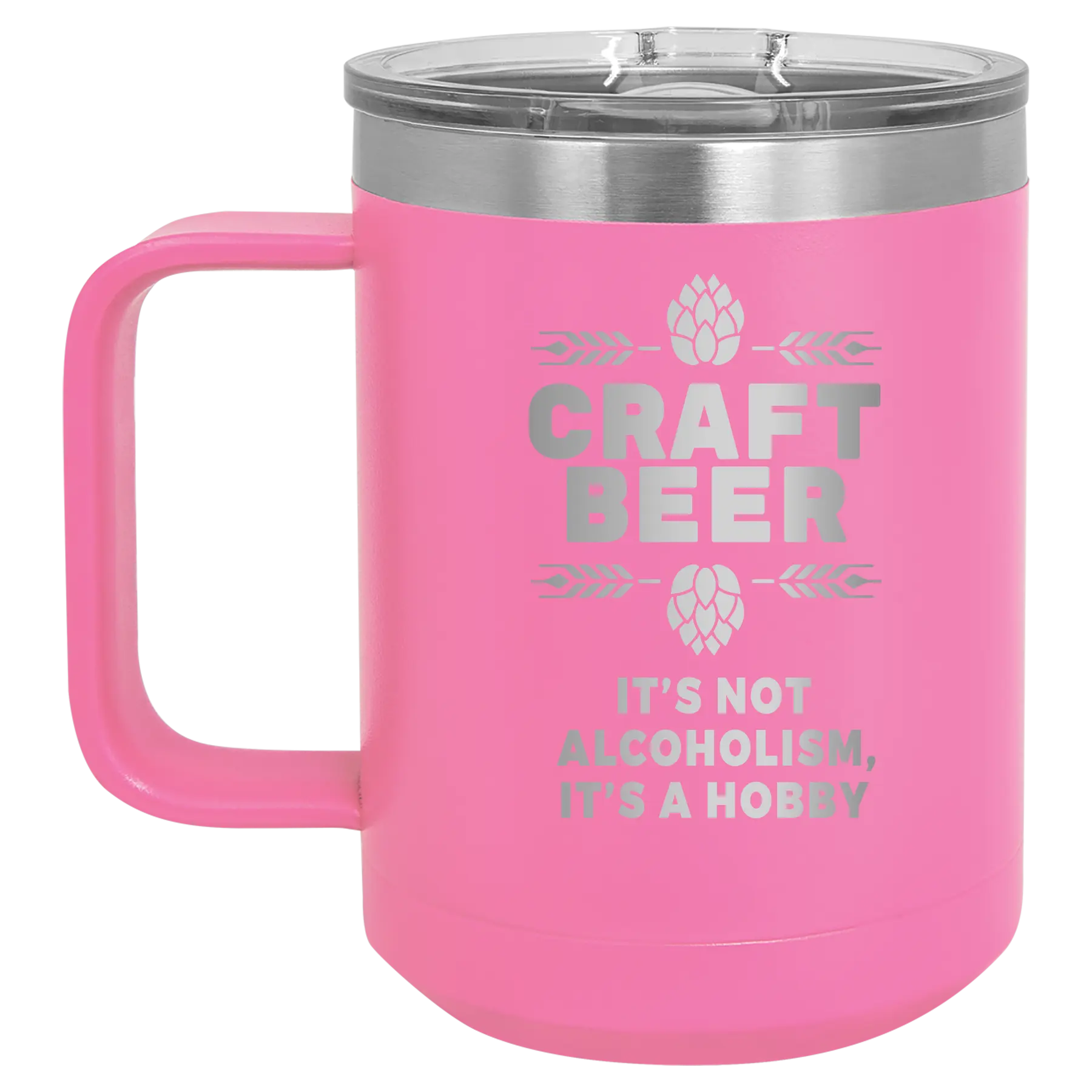Laser etched pink 15 oz vacuum insulated coffee mug with 'Craft Beer' design