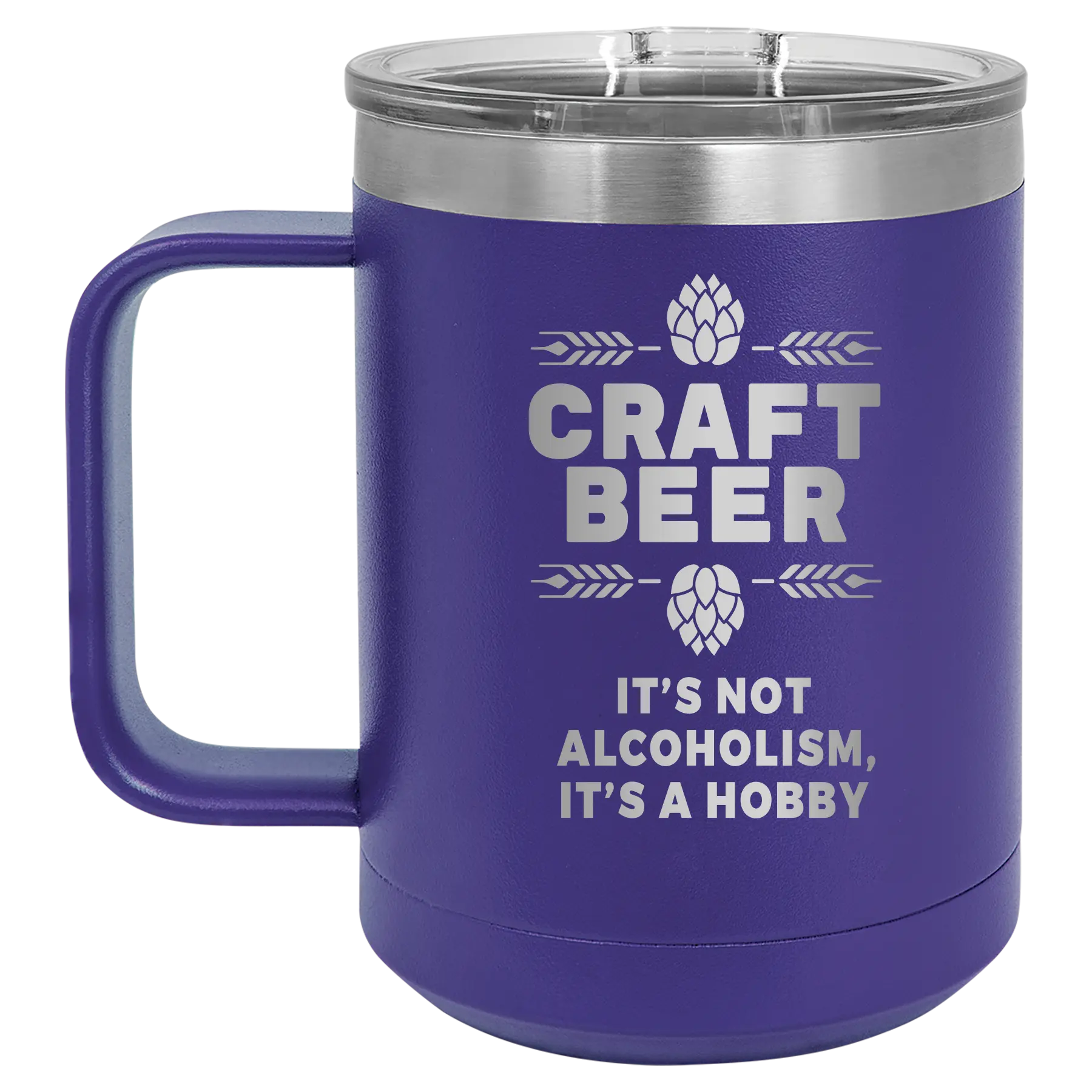 Laser etched purple 15 oz vacuum insulated coffee mug with 'Craft Beer' design