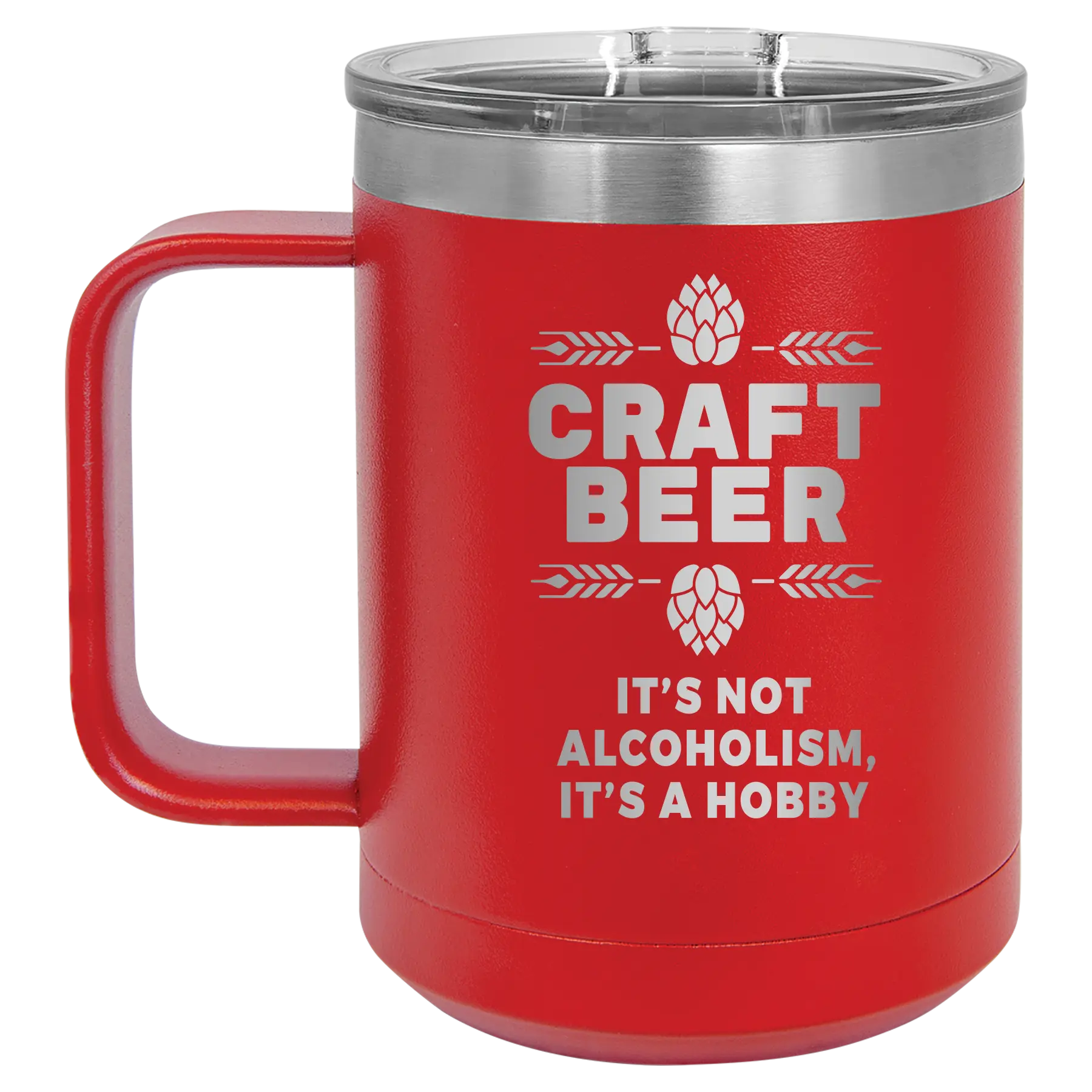 Laser etched red 15 oz vacuum insulated coffee mug with 'Craft Beer' design