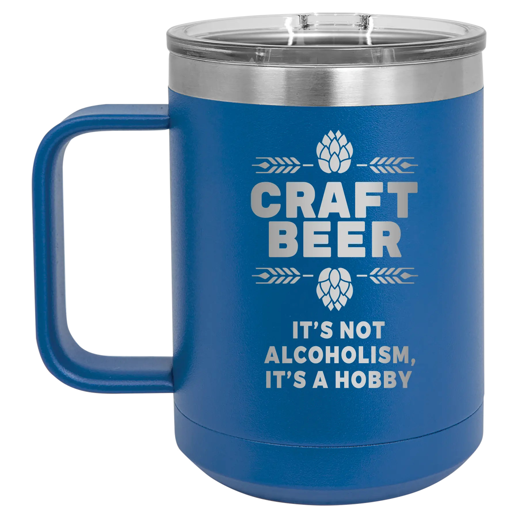 Laser etched royal blue 15 oz vacuum insulated coffee mug with 'Craft Beer' design