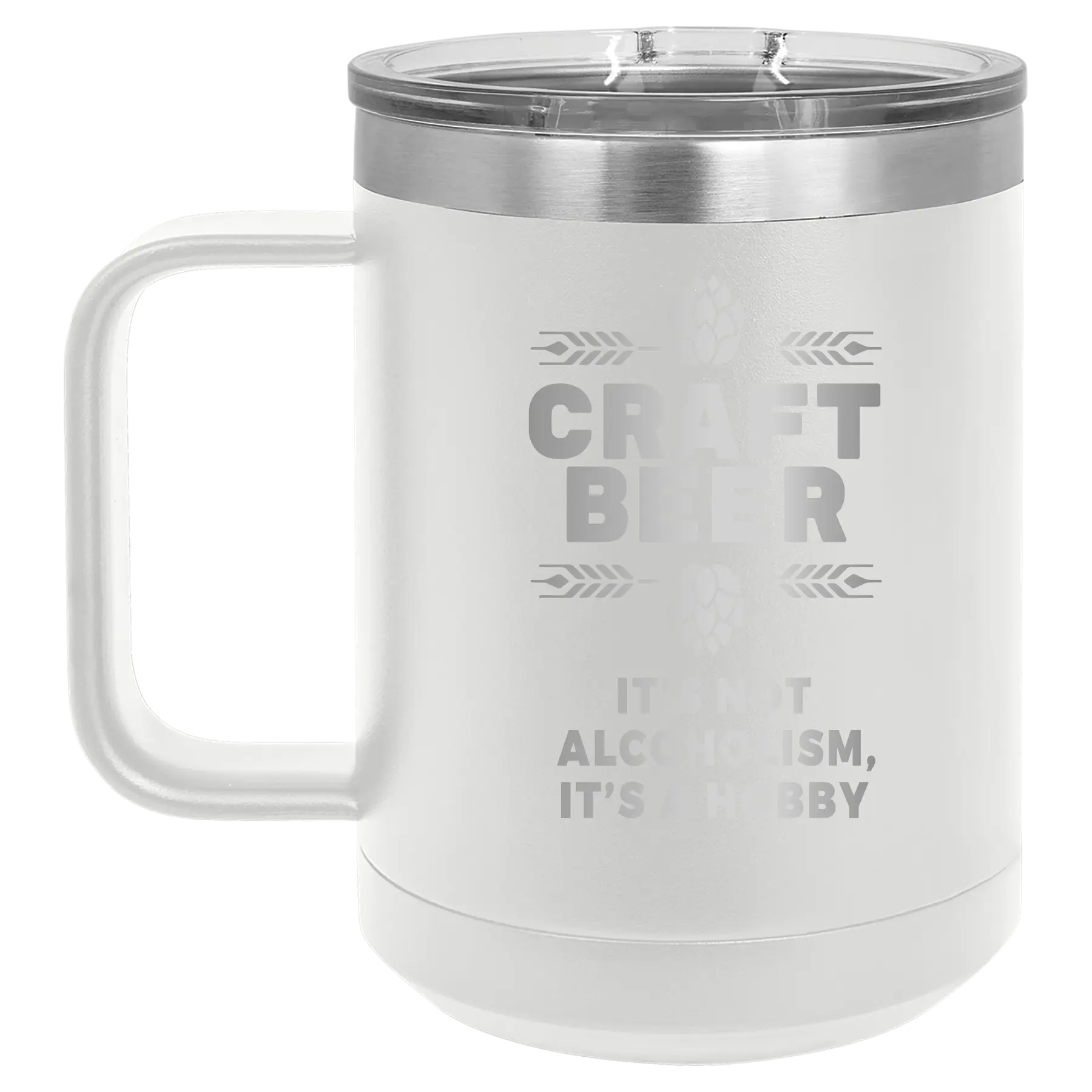Laser etched white 15 oz vacuum insulated coffee mug with 'Craft Beer' design