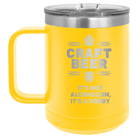 Laser etched yellow 15 oz vacuum insulated coffee mug with 'Craft Beer' design