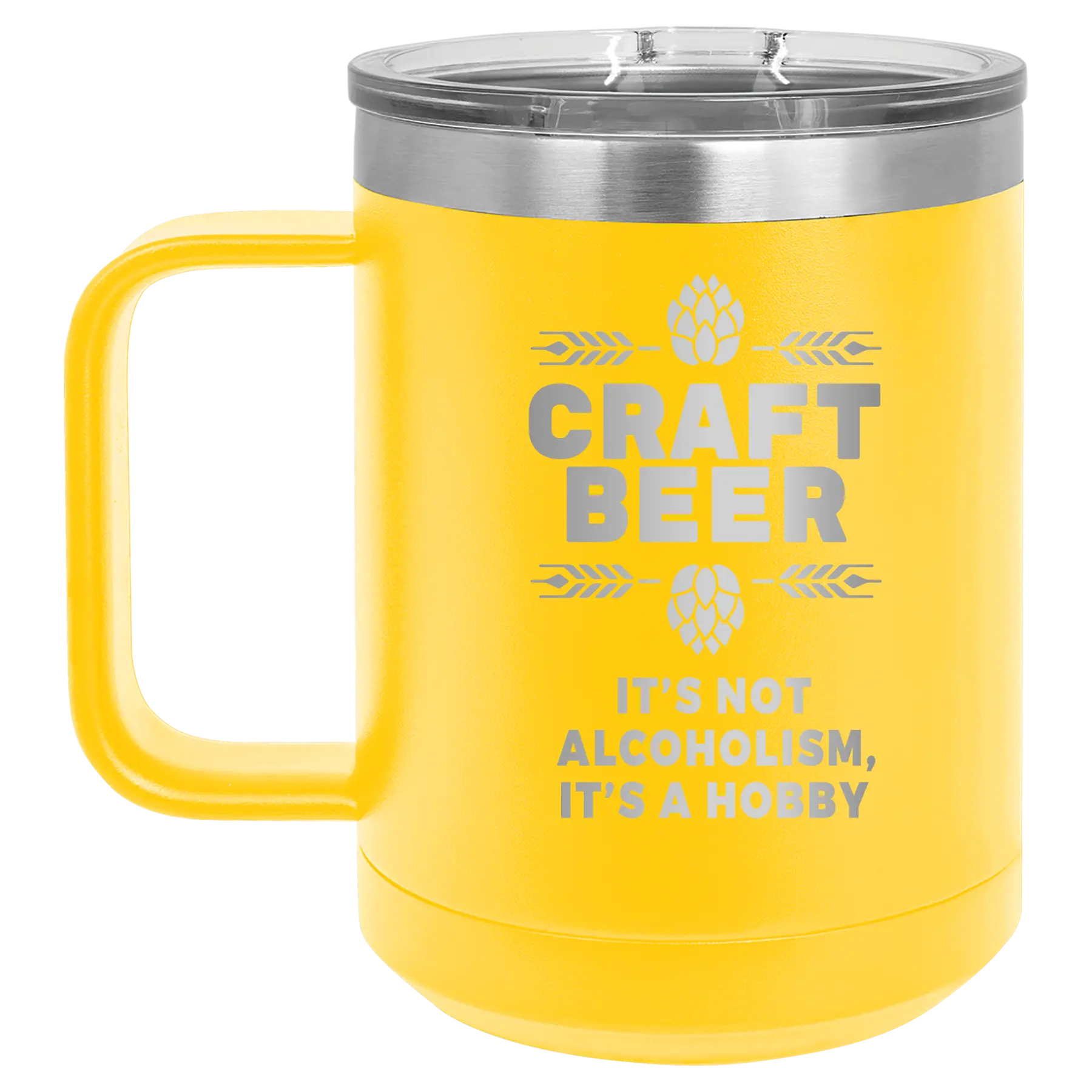 Laser etched yellow 15 oz vacuum insulated coffee mug with 'Craft Beer' design