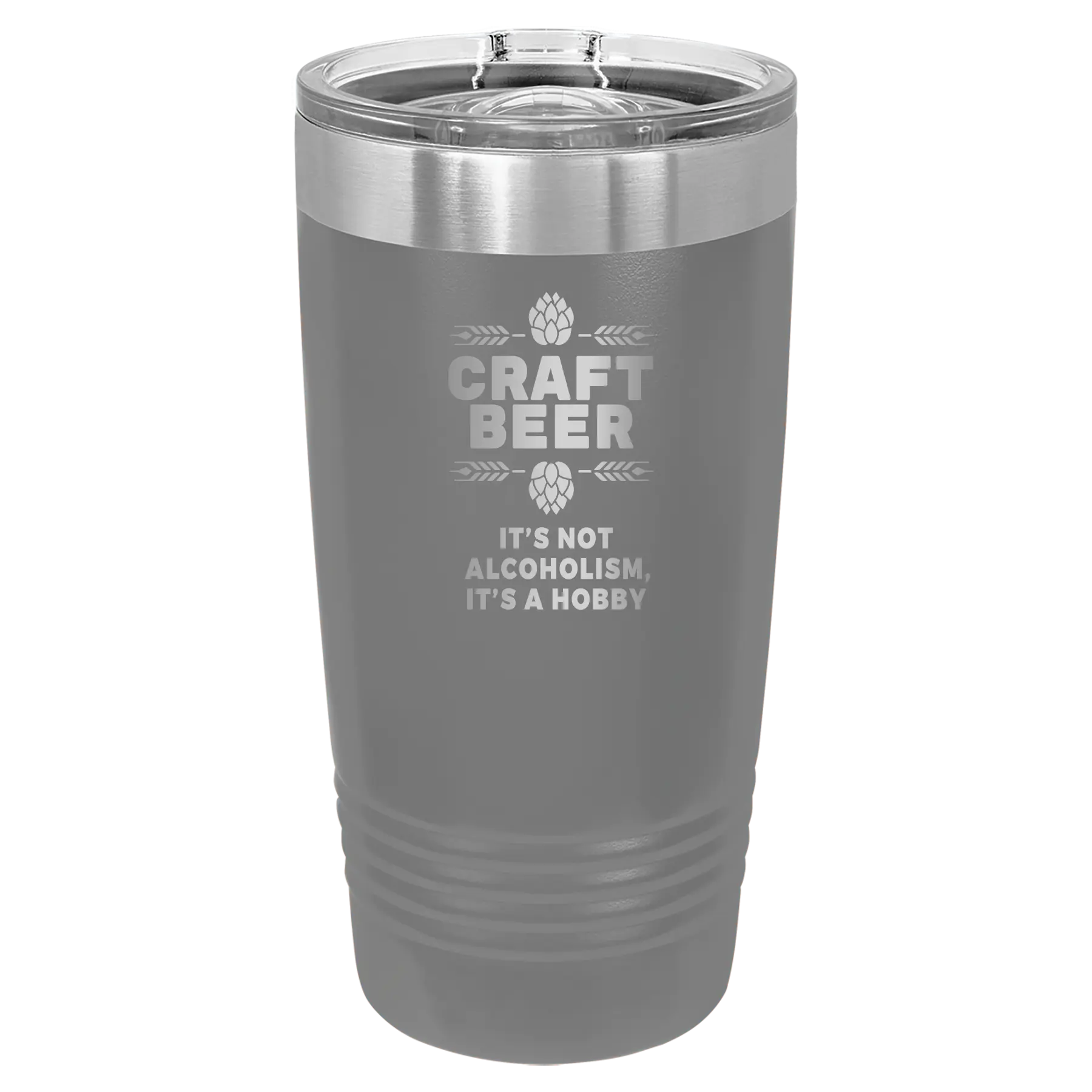 Laser etched dark gray 20 oz vacuum insulated tumbler with 'Craft Beer' design