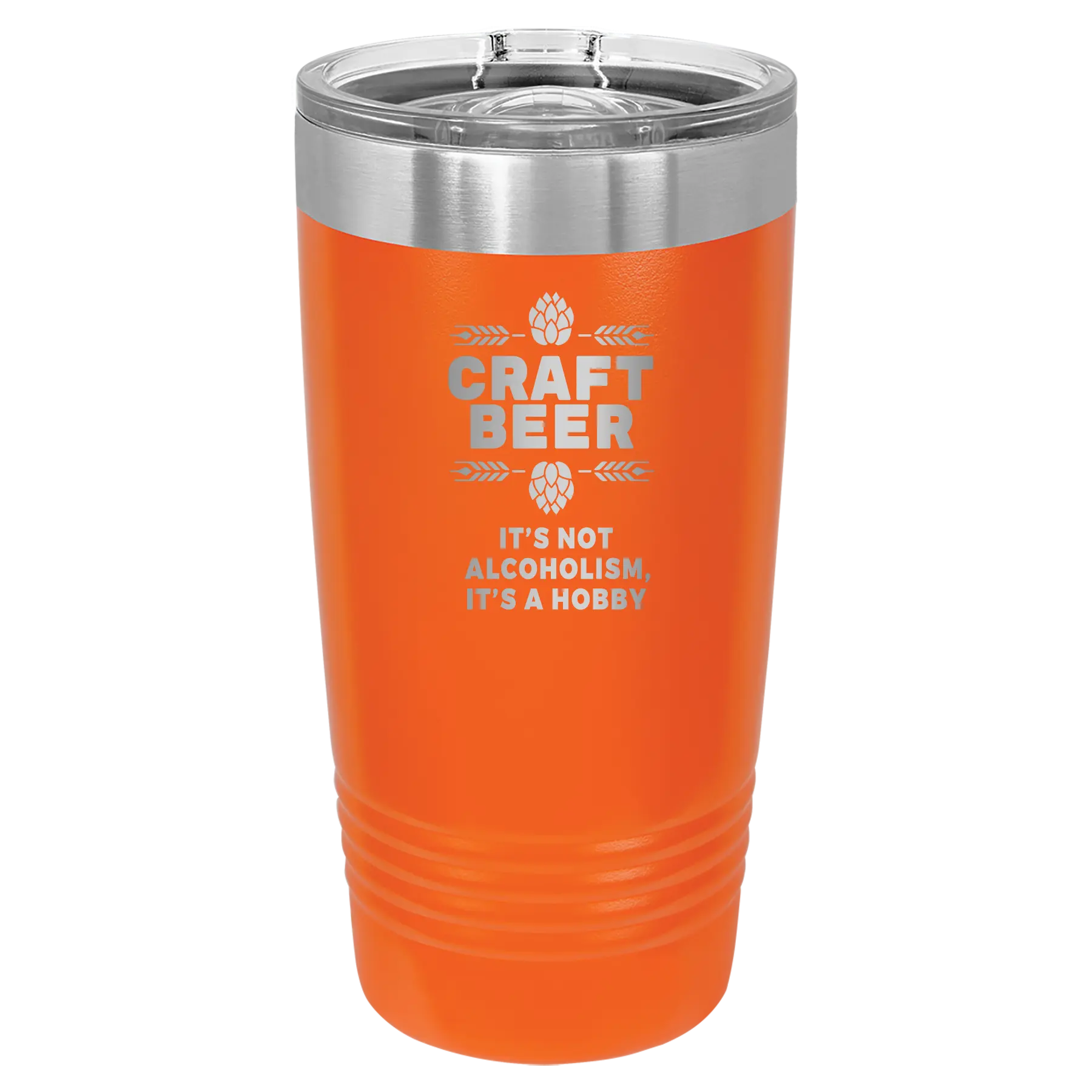 Laser etched orange 20 oz vacuum insulated tumbler with 'Craft Beer' design