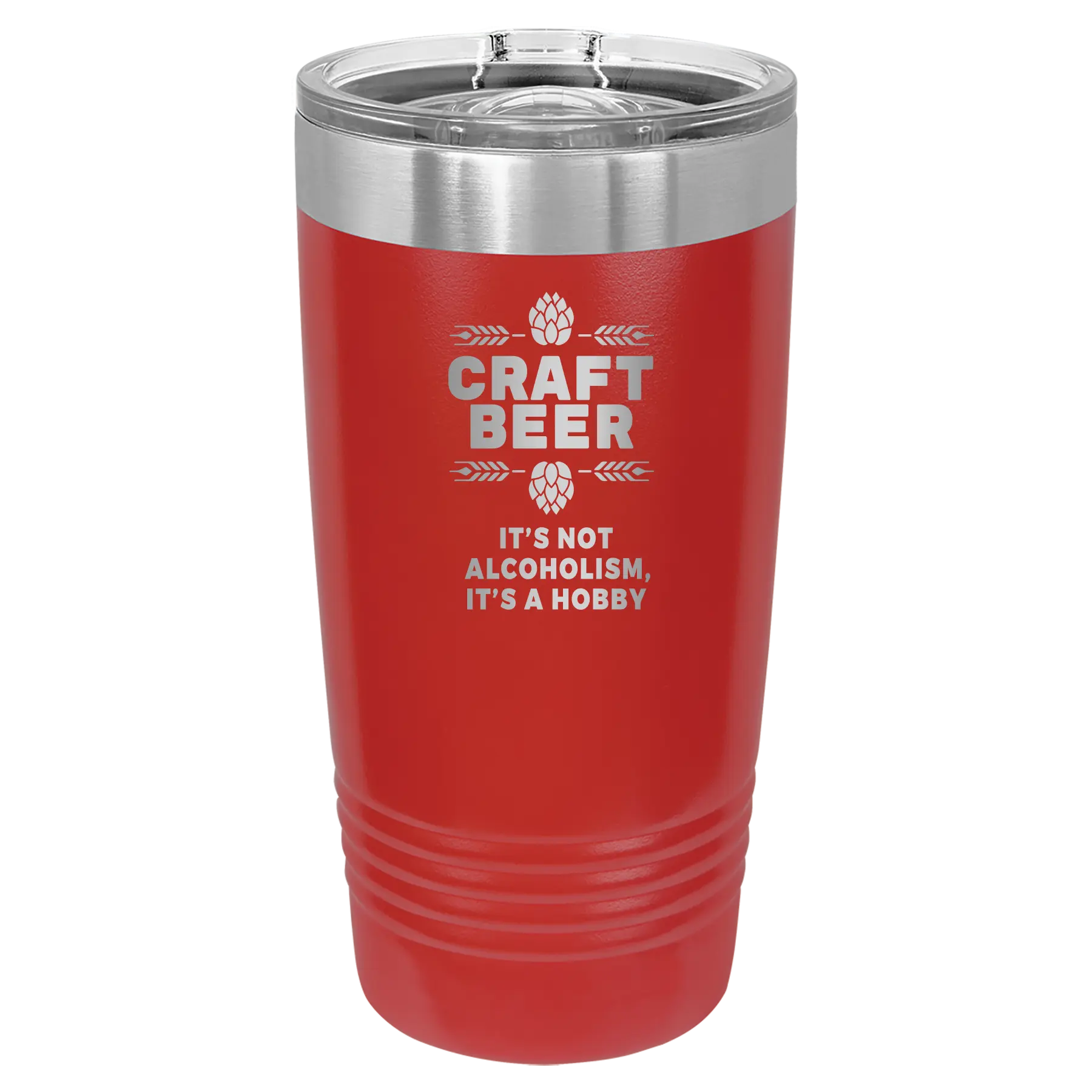 Laser etched red 20 oz vacuum insulated tumbler with 'Craft Beer' design