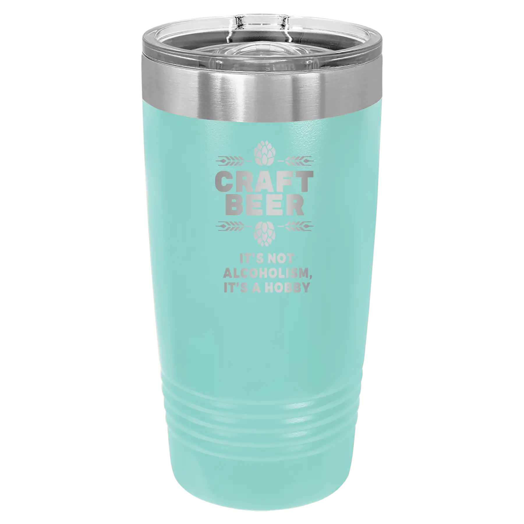 Laser etched teal 20 oz vacuum insulated tumbler with 'Craft Beer' design