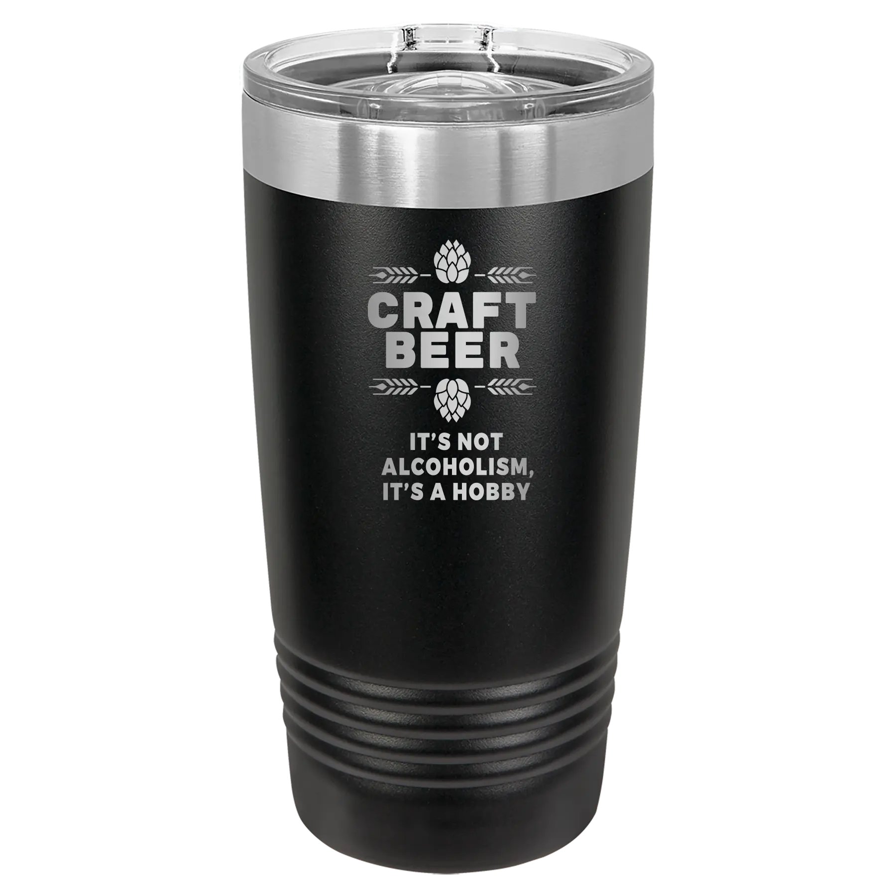 Laser etched black 20 oz vacuum insulated water bottle with 'Craft Beer' design