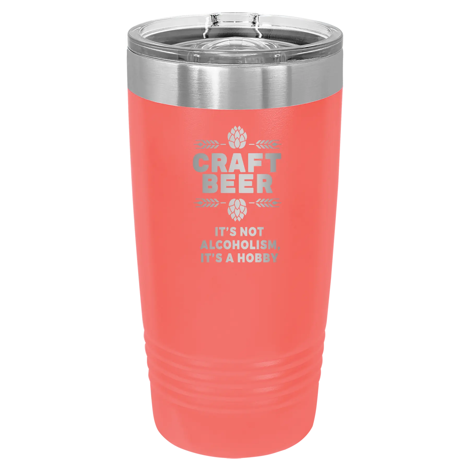 Laser etched coral 20 oz vacuum insulated water bottle with 'Craft Beer' design