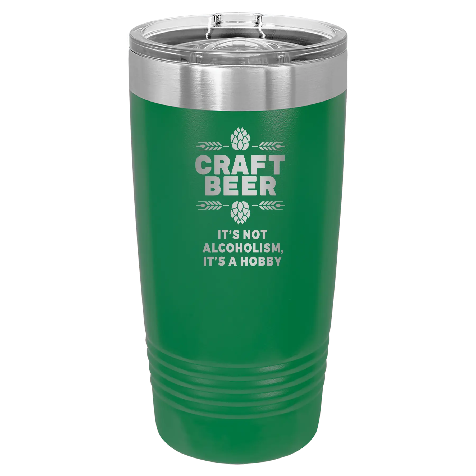 Laser etched green 20 oz vacuum insulated water bottle with 'Craft Beer' design