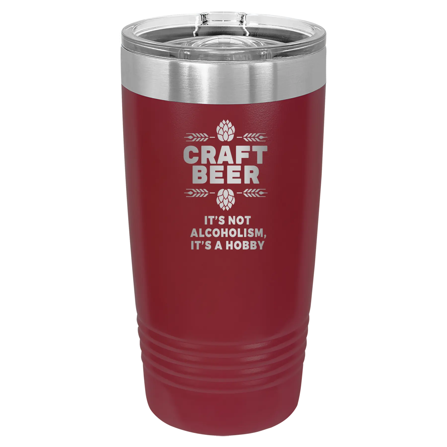 Laser etched maroon 20 oz vacuum insulated water bottle with 'Craft Beer' design