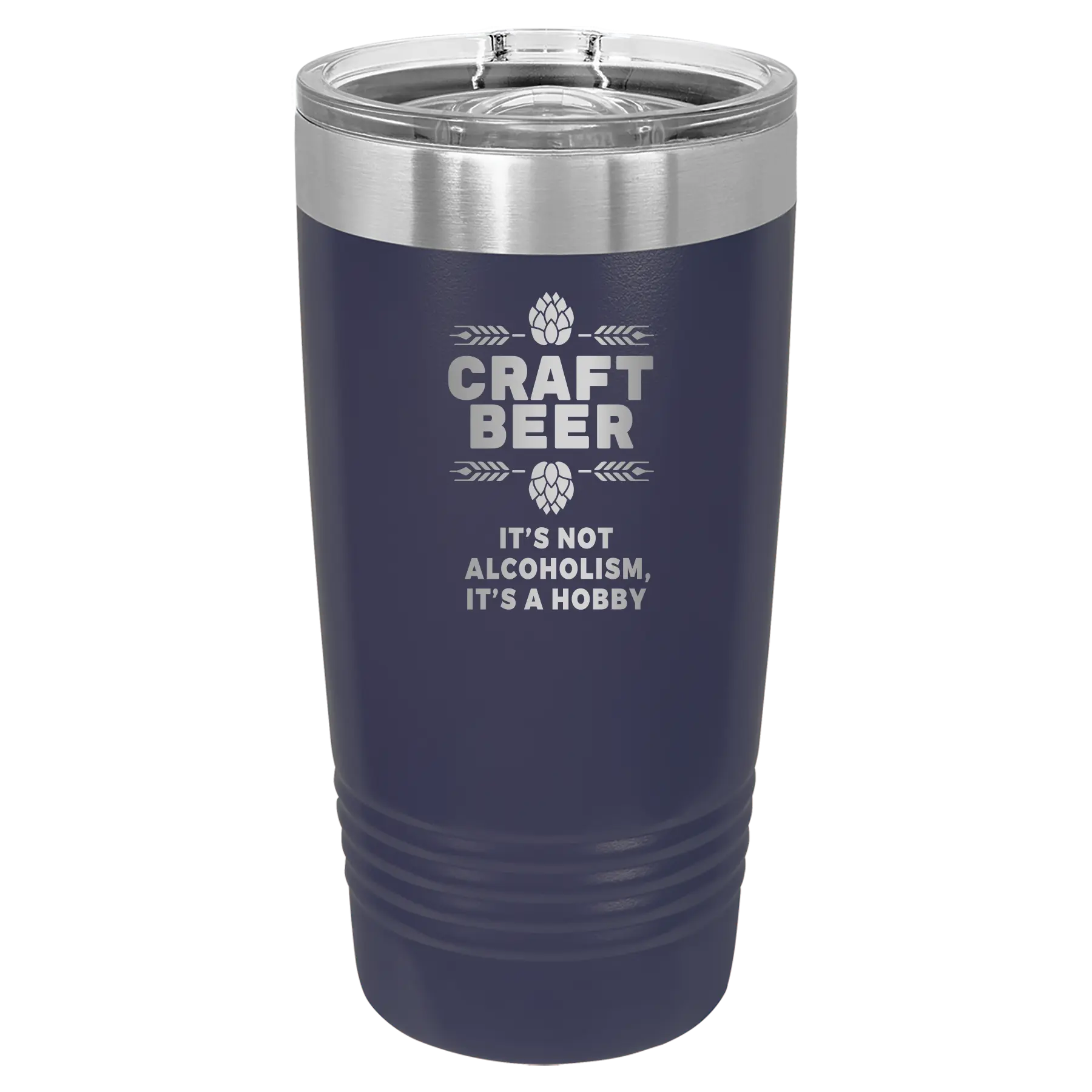 Laser etched navy 20 oz vacuum insulated water bottle with 'Craft Beer' design