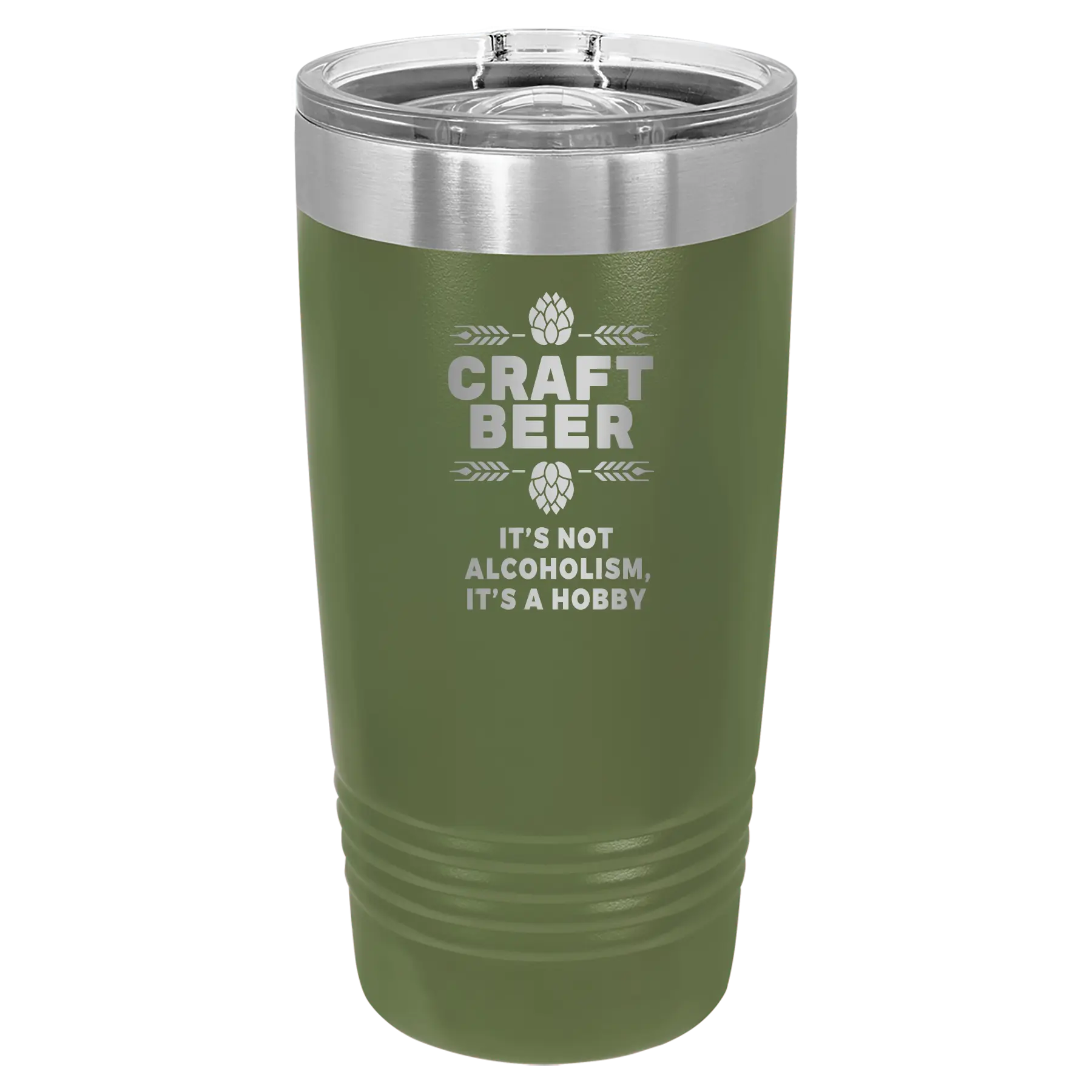 Laser etched olive green 20 oz vacuum insulated water bottle with 'Craft Beer' design