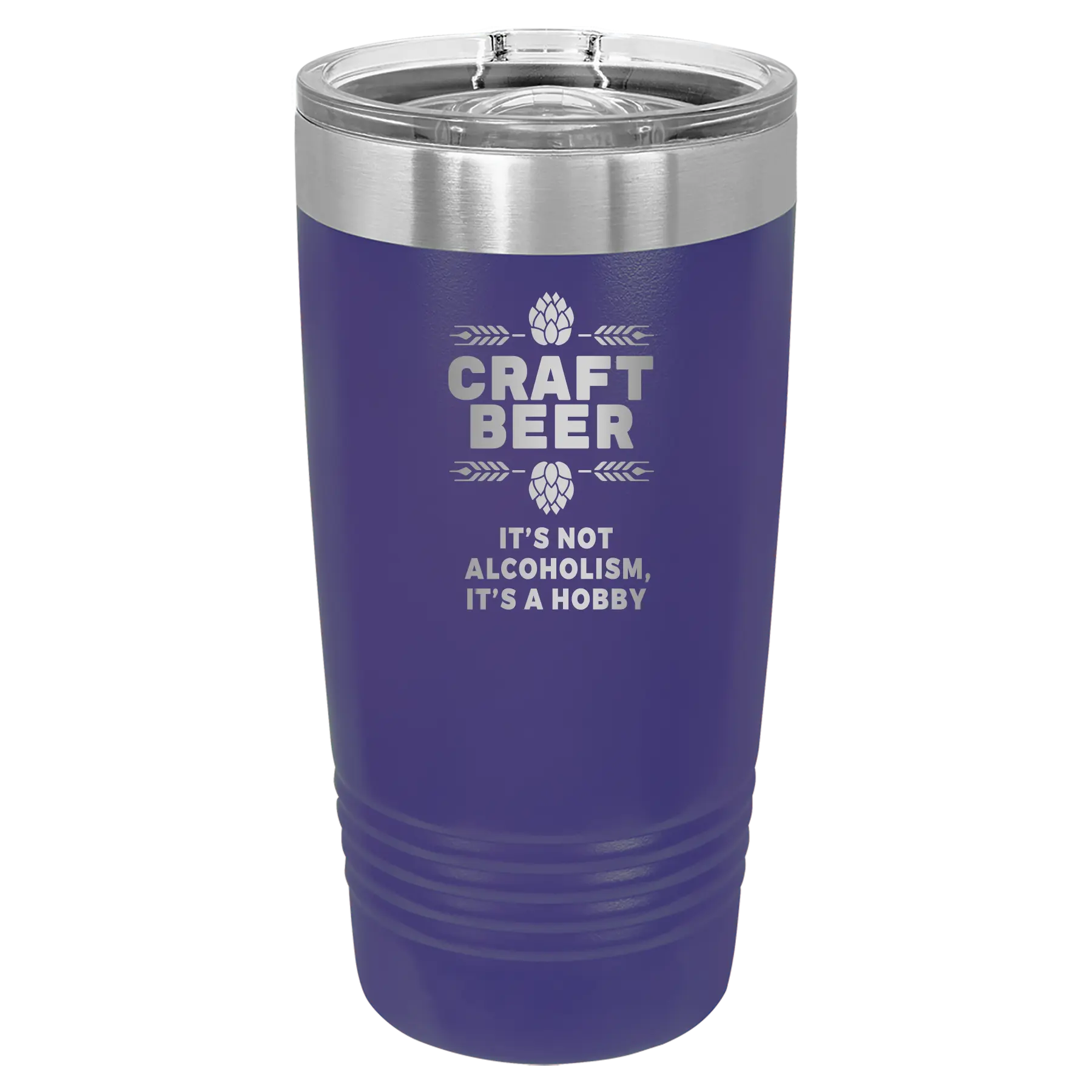 Laser etched purple 20 oz vacuum insulated water bottle with 'Craft Beer' design