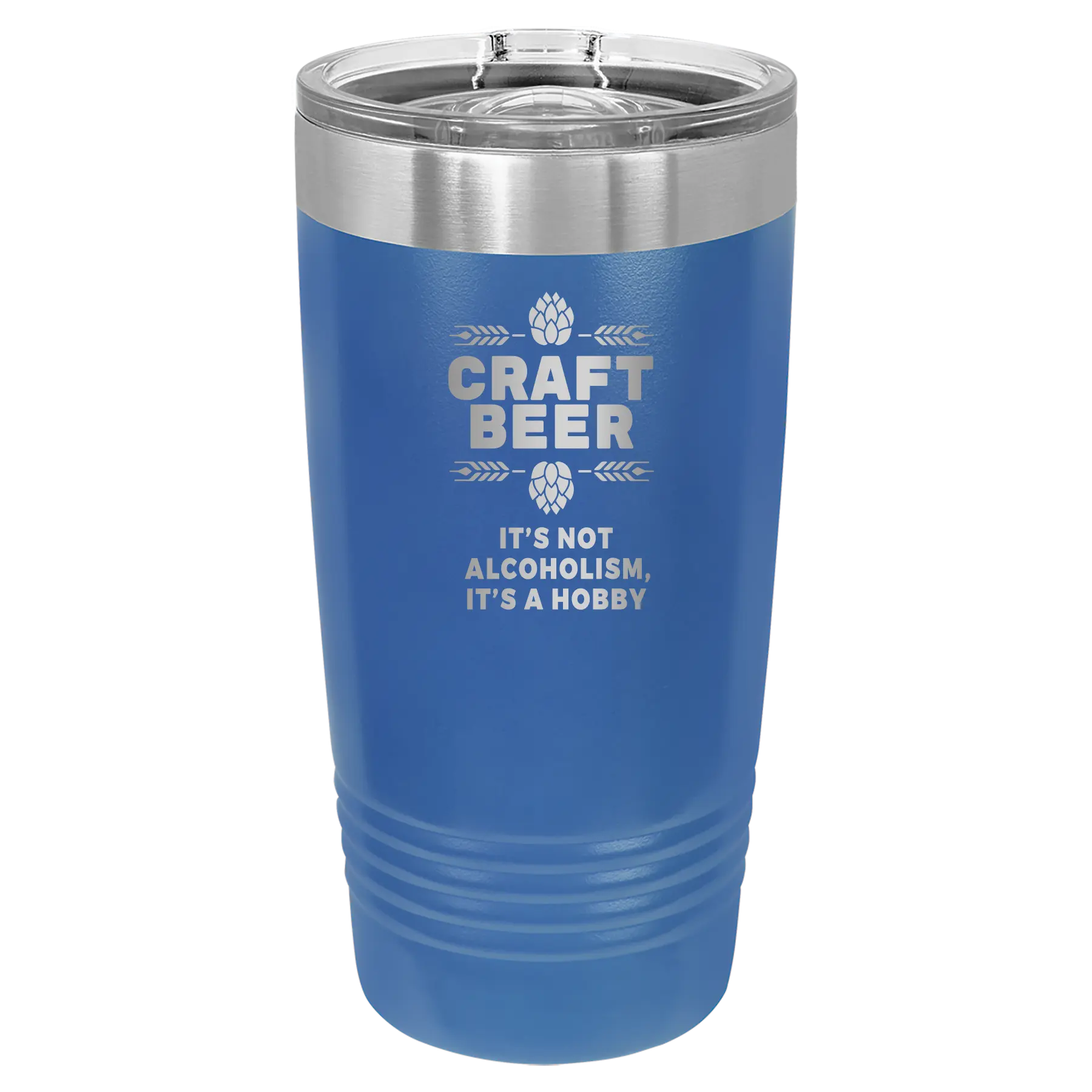 Laser etched royal blue 20 oz vacuum insulated water bottle with 'Craft Beer' design