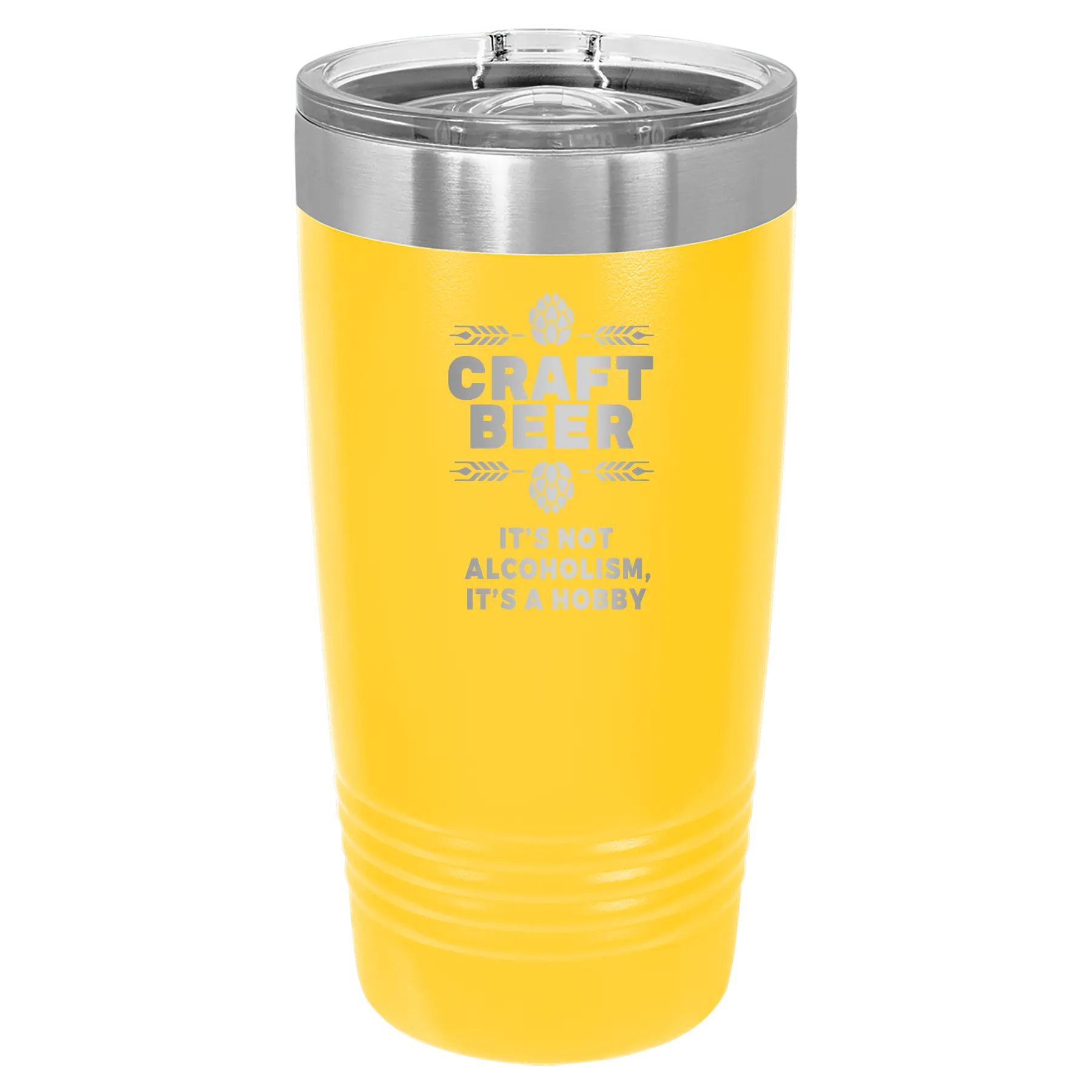 Laser etched yellow 20 oz vacuum insulated water bottle with 'Craft Beer' design