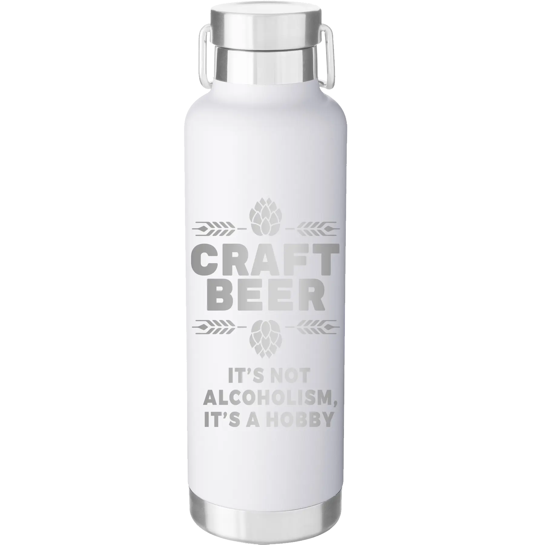 Laser etched white 24 oz vacuum insulated water bottle with 'Craft Beer' design