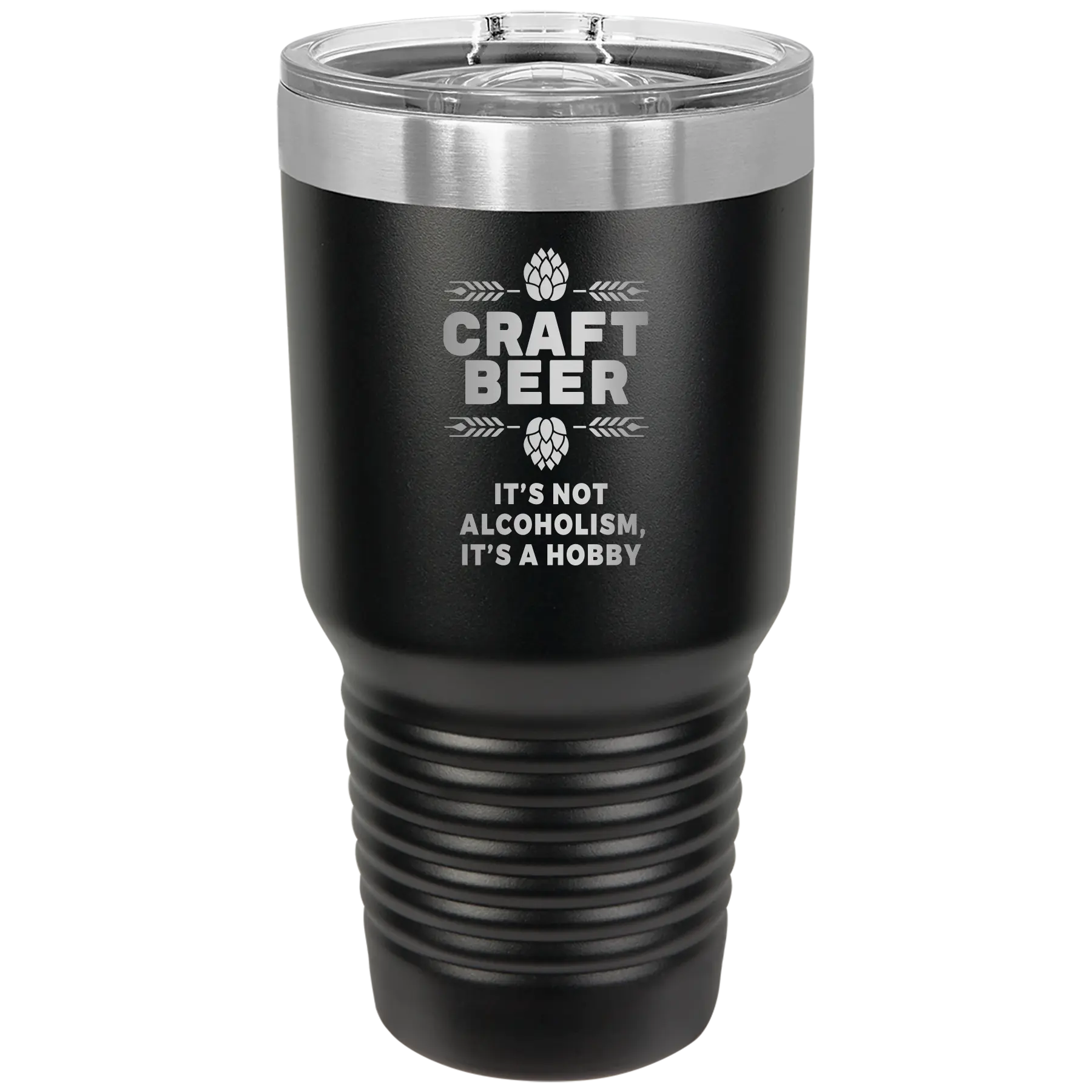 Laser etched black 30 oz vacuum insulated tumbler with 'Craft Beer' design