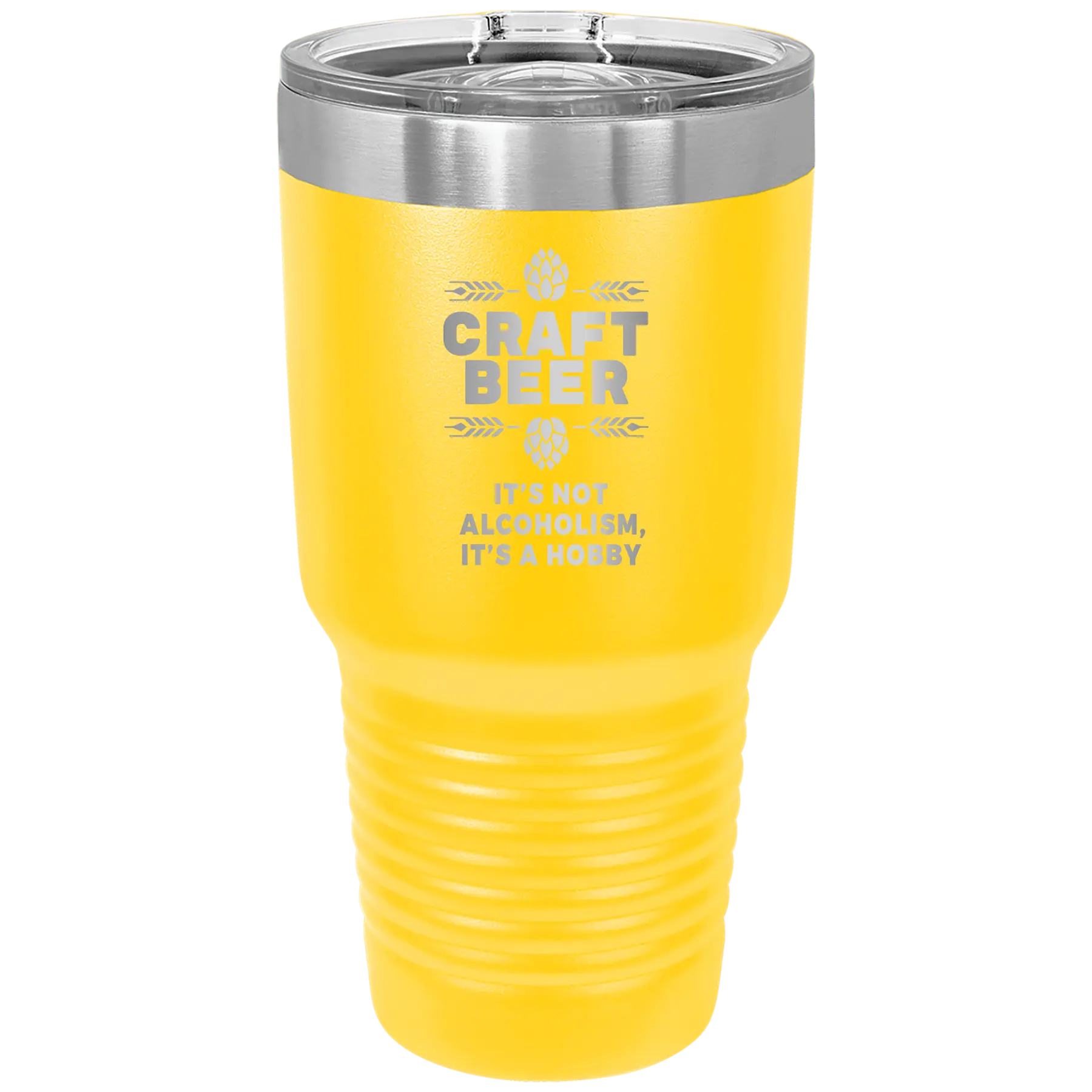 Laser etched yellow 30 oz vacuum insulated tumbler with 'Craft Beer' design