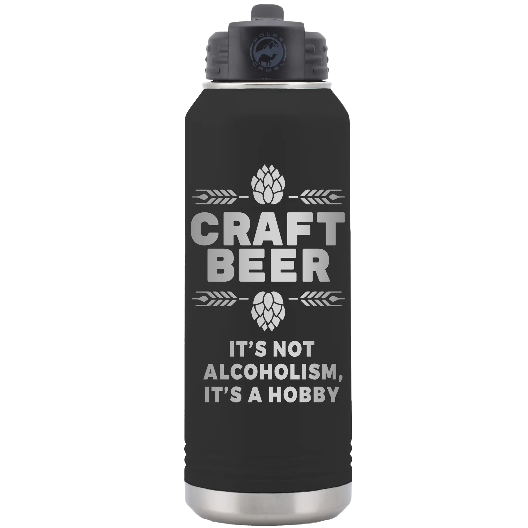 Laser etched black 32 oz vacuum insulated water bottle with 'Craft Beer' design