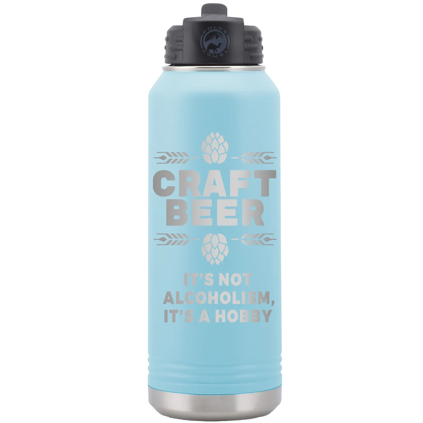 Laser etched light blue 32 oz vacuum insulated water bottle with 'Craft Beer' design