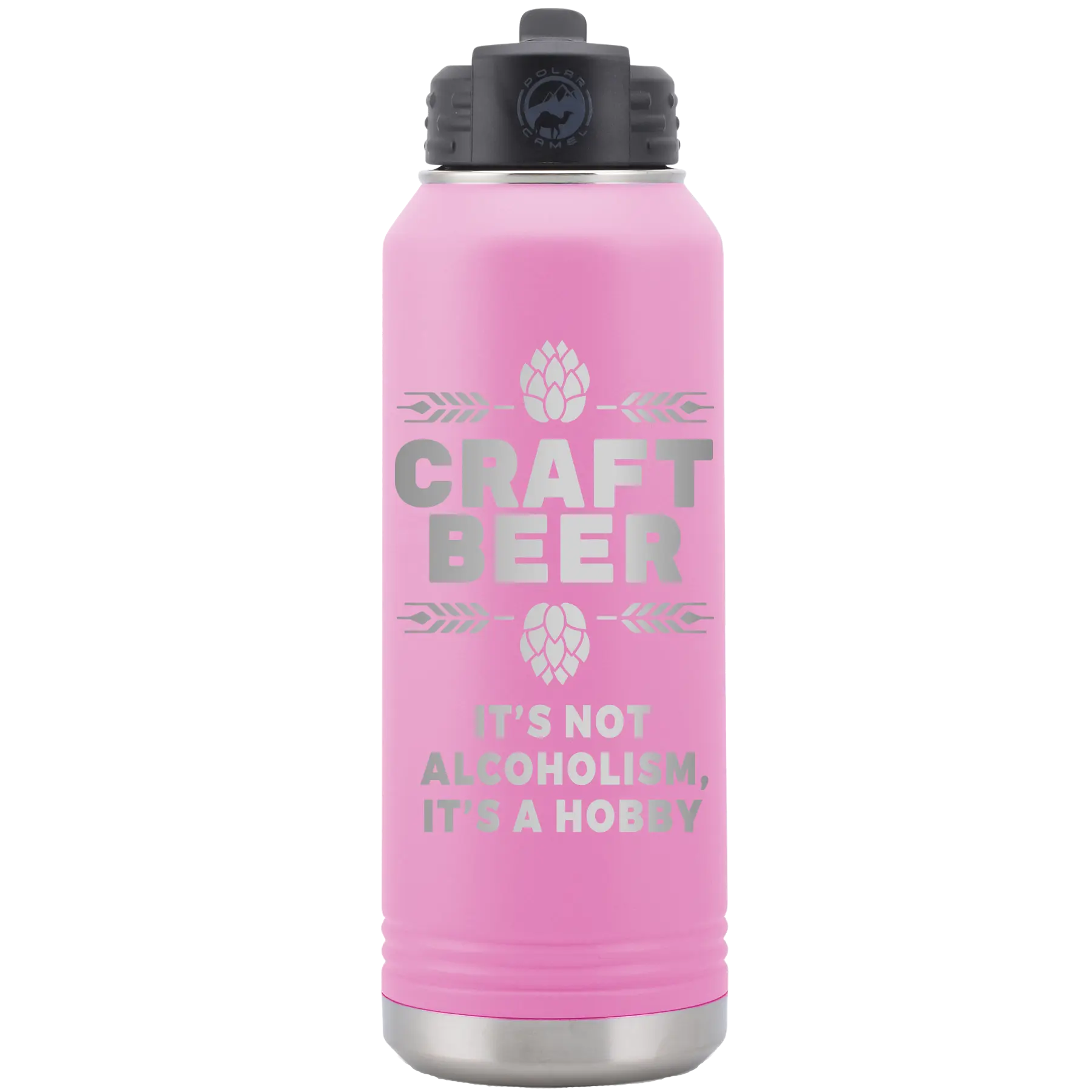 Laser etched light purple 32 oz vacuum insulated water bottle with 'Craft Beer' design