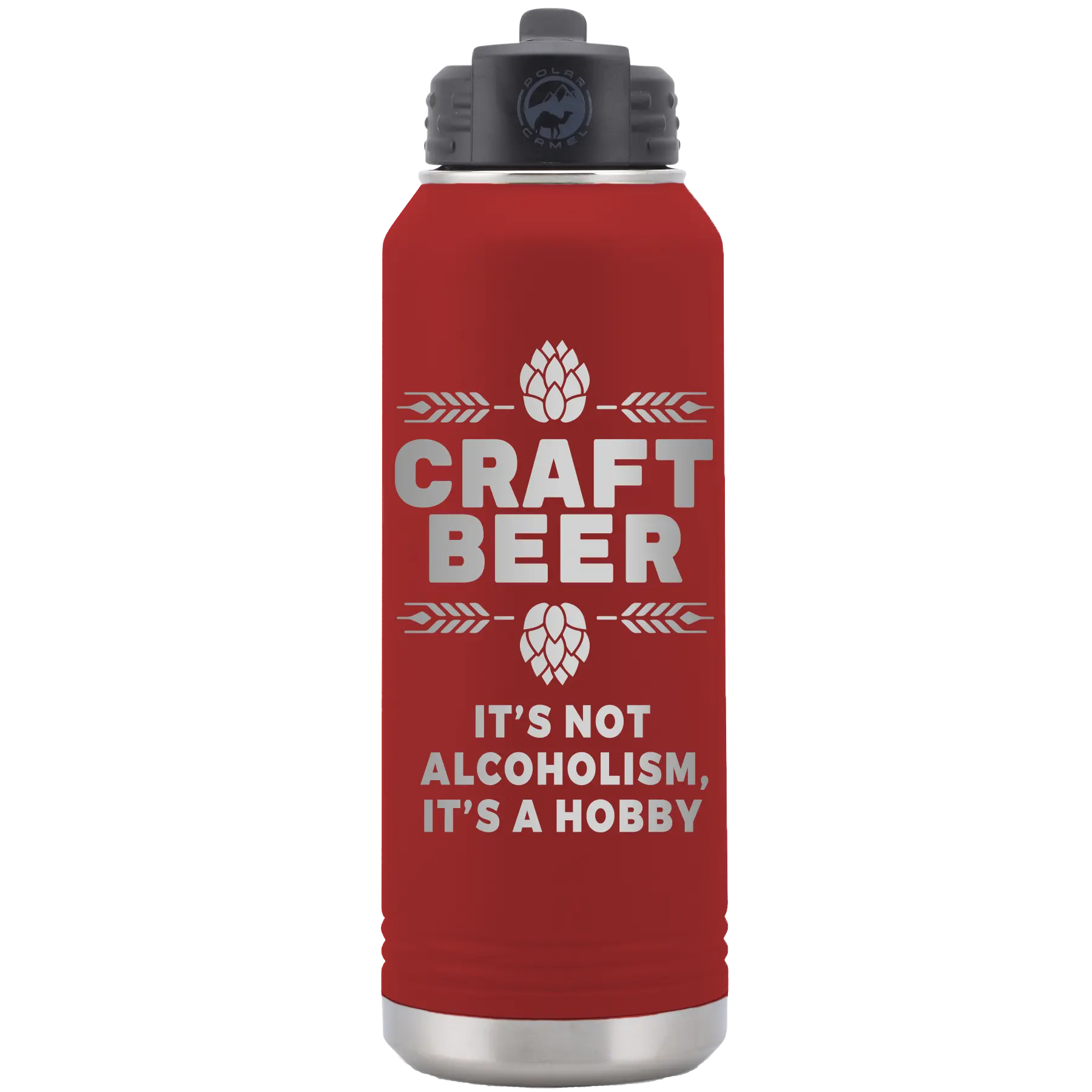 Laser etched maroon 32 oz vacuum insulated water bottle with 'Craft Beer' design