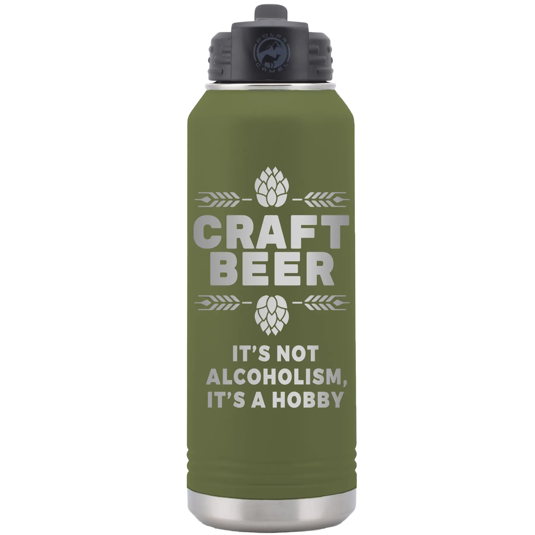 Laser etched olive green 32 oz vacuum insulated water bottle with 'Craft Beer' design