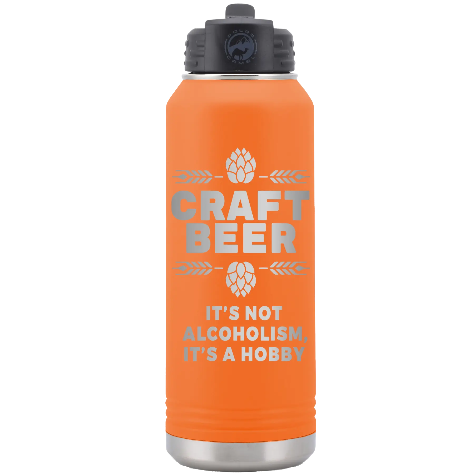 Laser etched orange 32 oz vacuum insulated water bottle with 'Craft Beer' design