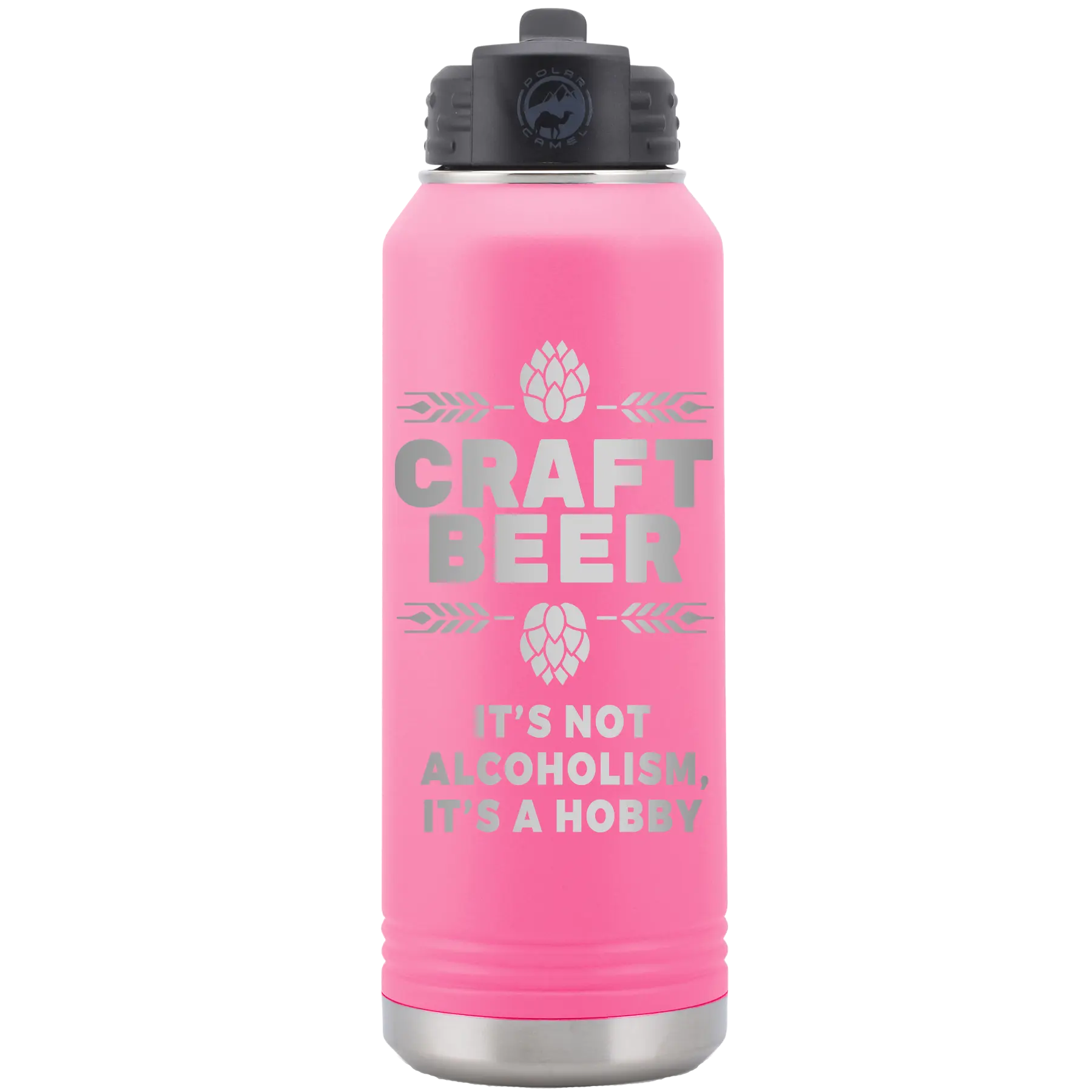 Laser etched pink 32 oz vacuum insulated water bottle with 'Craft Beer' design