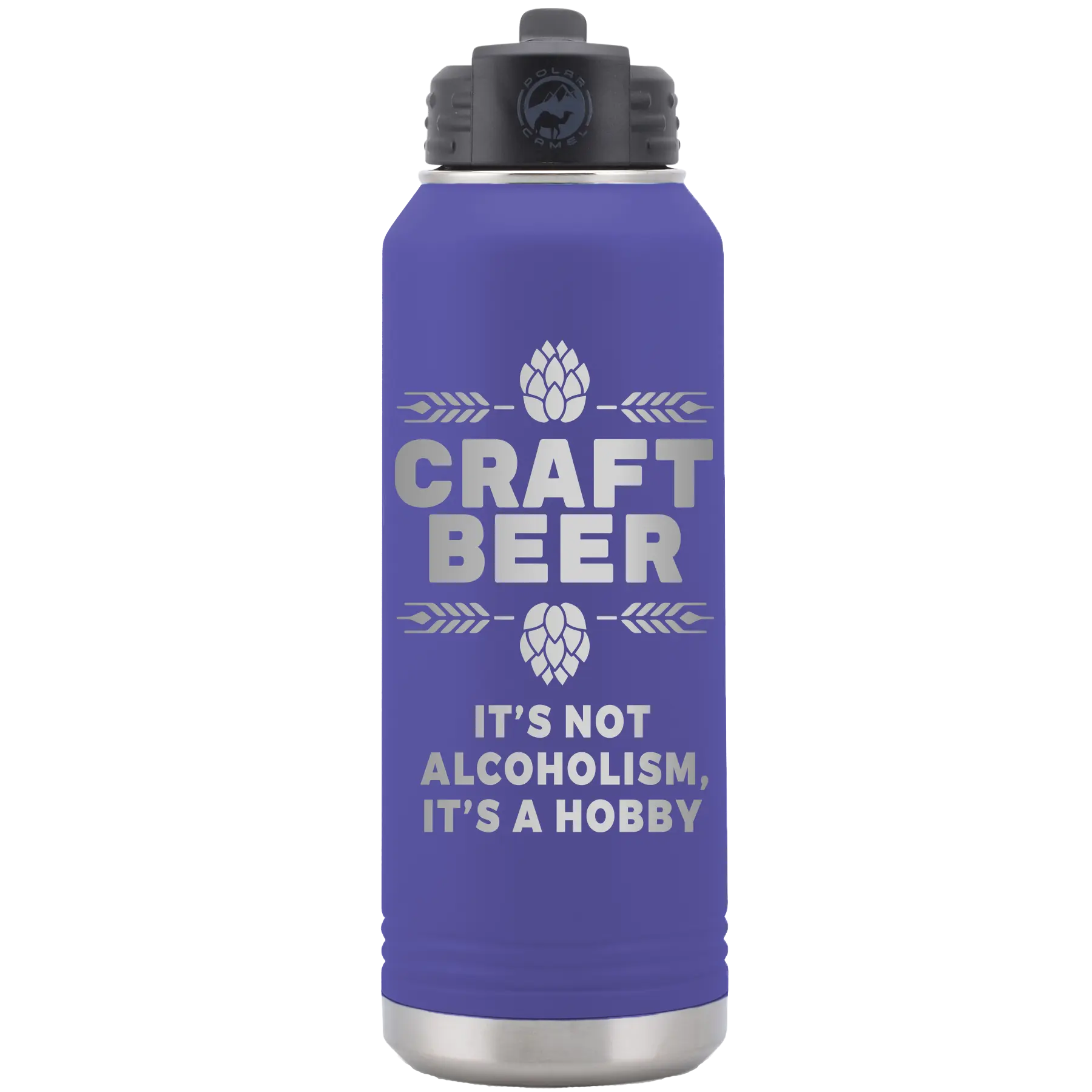 Laser etched purple 32 oz vacuum insulated water bottle with 'Craft Beer' design