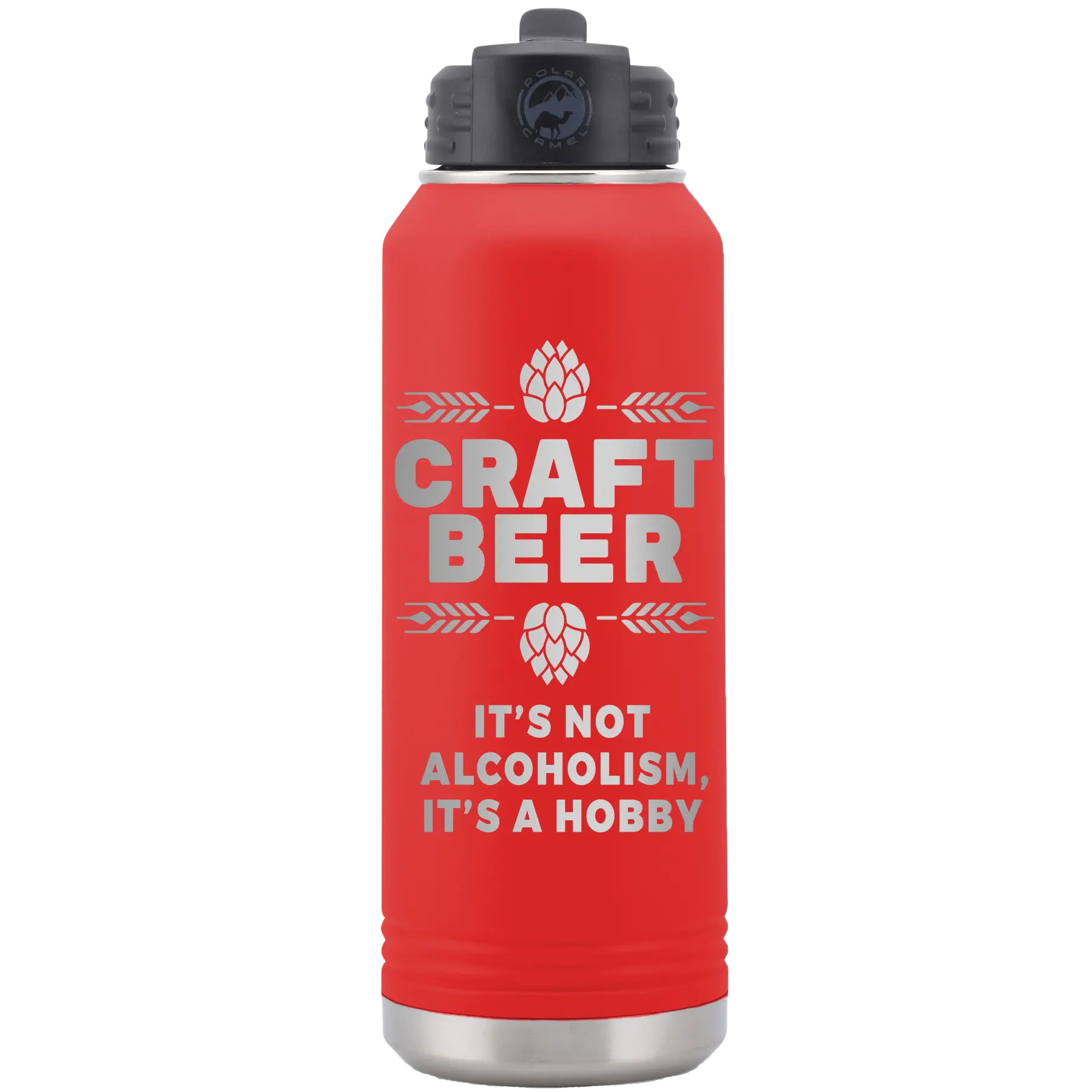 Laser etched red 32 oz vacuum insulated water bottle with 'Craft Beer' design