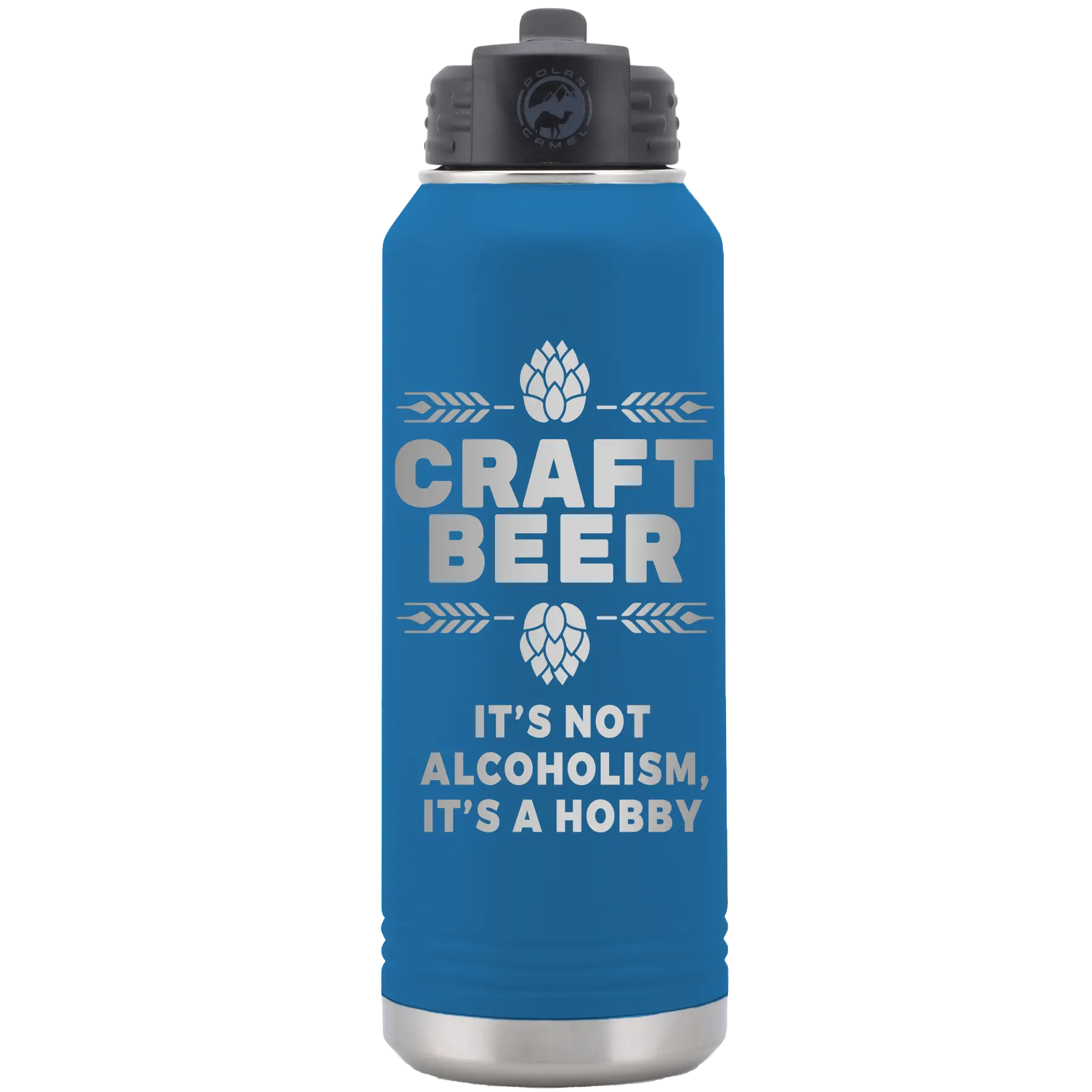 Laser etched royal blue 32 oz vacuum insulated water bottle with 'Craft Beer' design