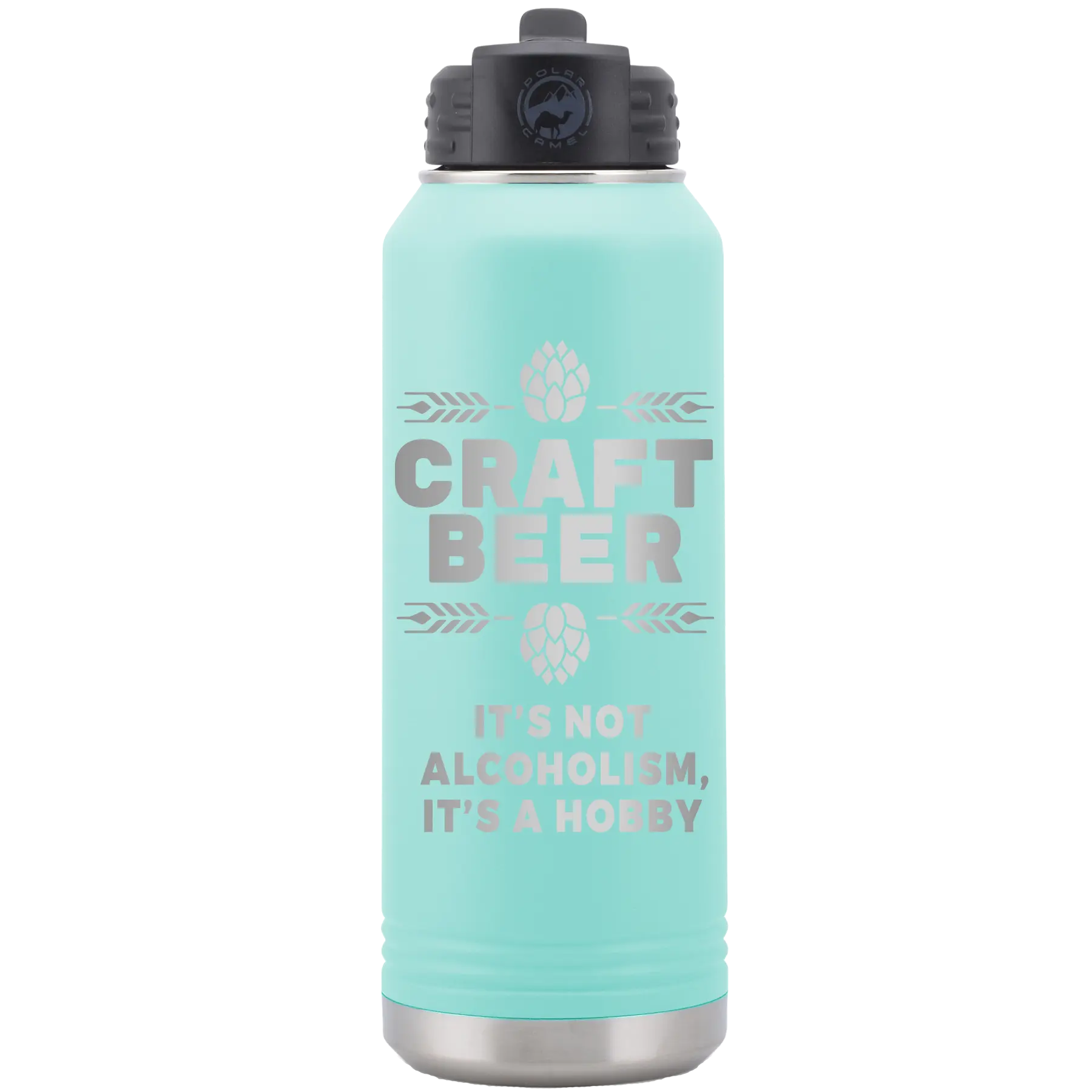 Laser etched teal 32 oz vacuum insulated water bottle with 'Craft Beer' design