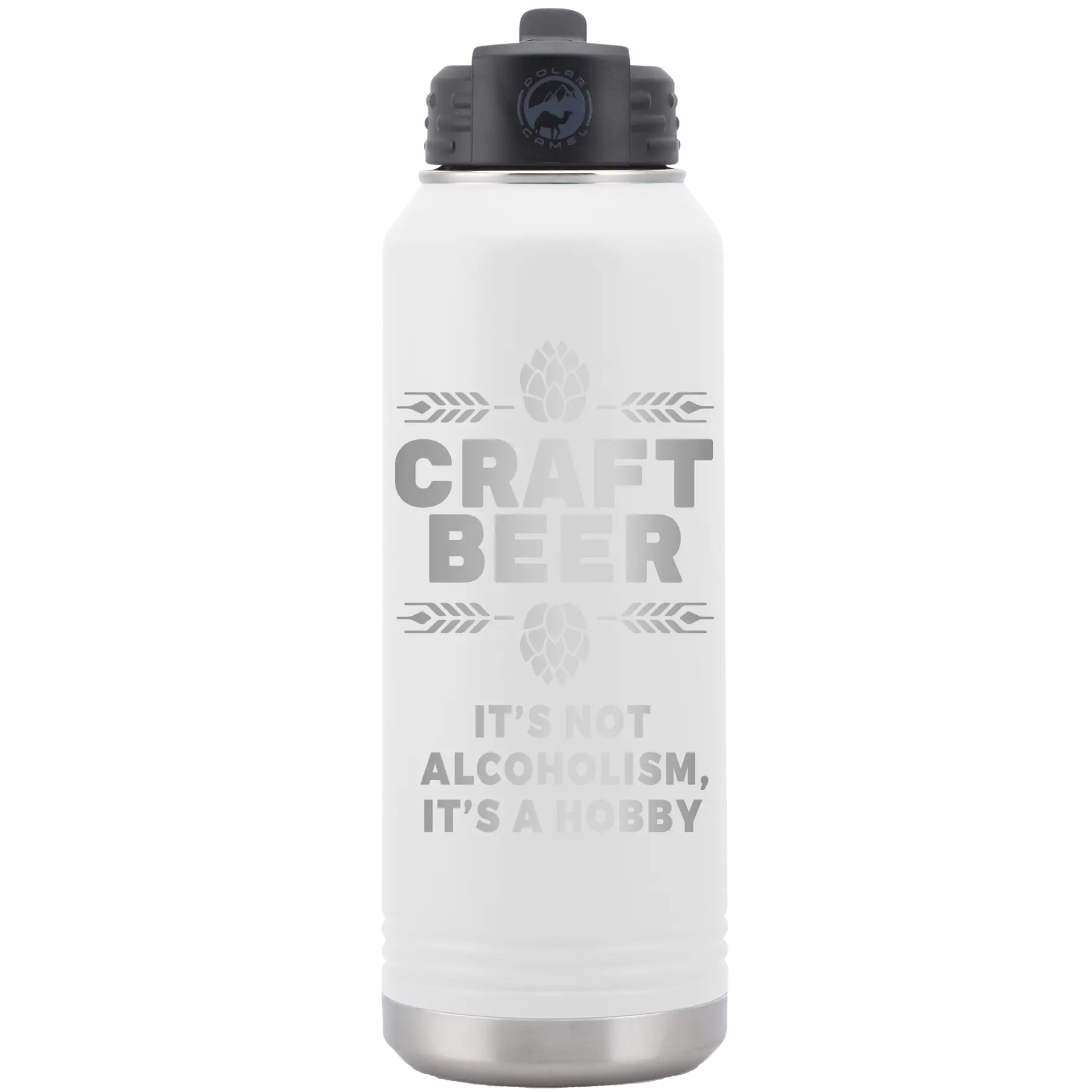 Laser etched white 32 oz vacuum insulated water bottle with 'Craft Beer' design
