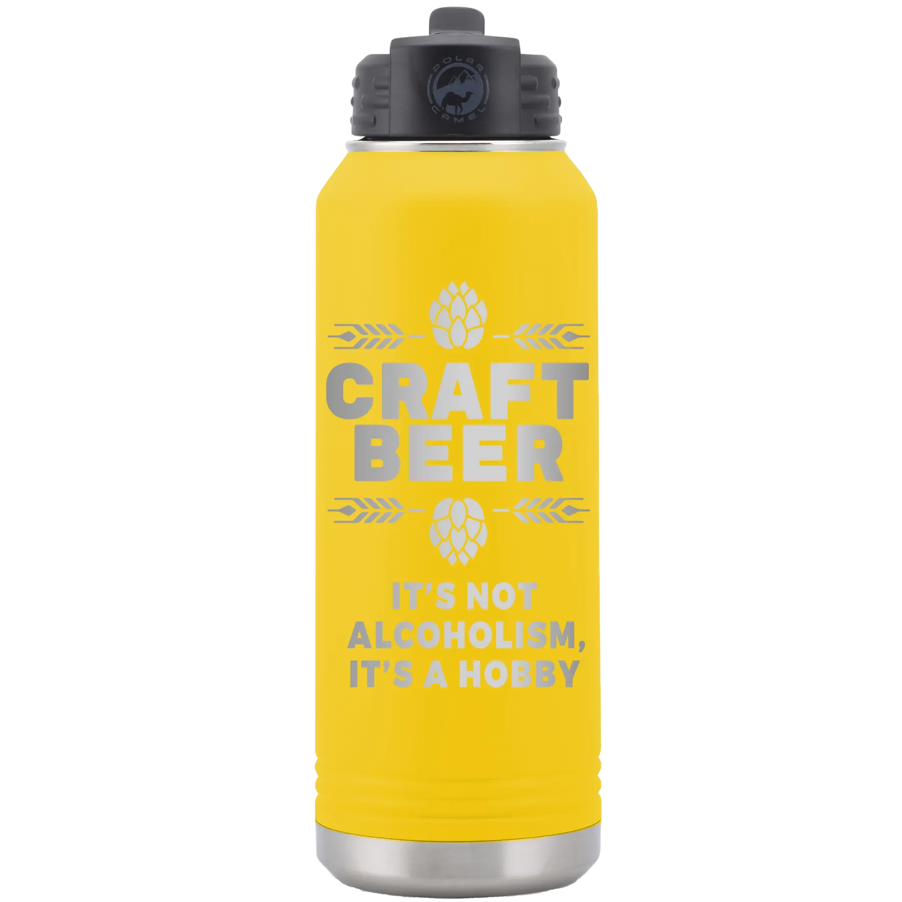 Laser etched yellow 32 oz vacuum insulated water bottle with 'Craft Beer' design