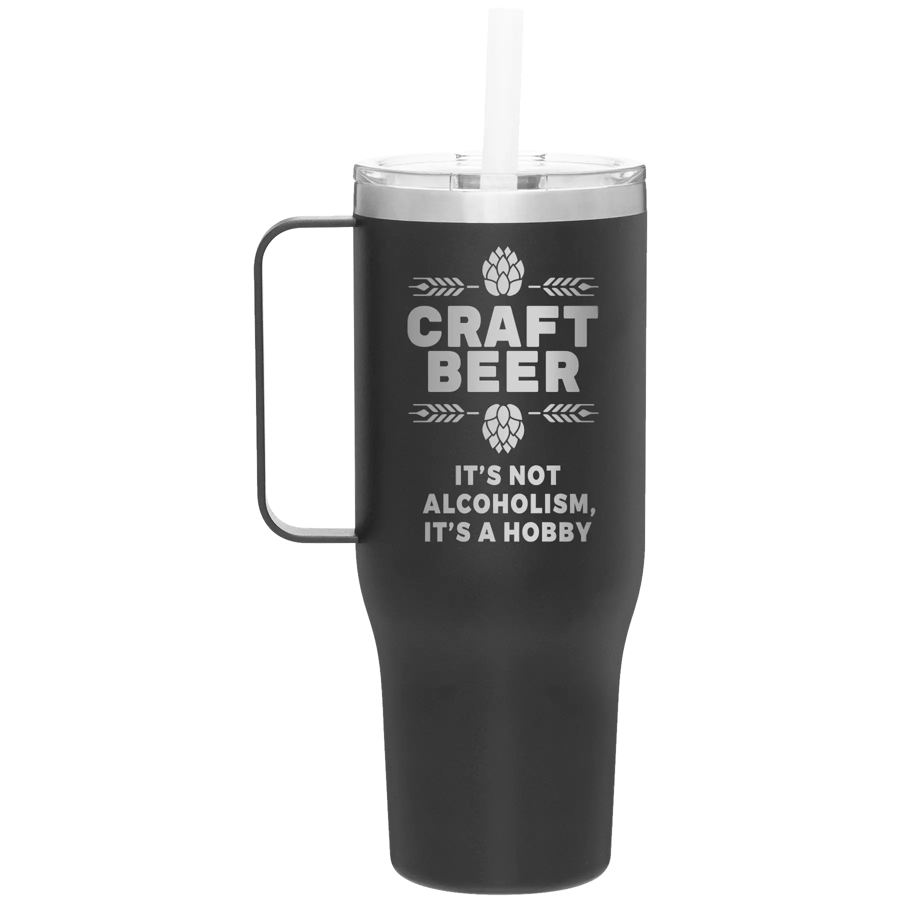 Laser etched black 40 oz vacuum insulated tumbler mug with 'Craft Beer' design