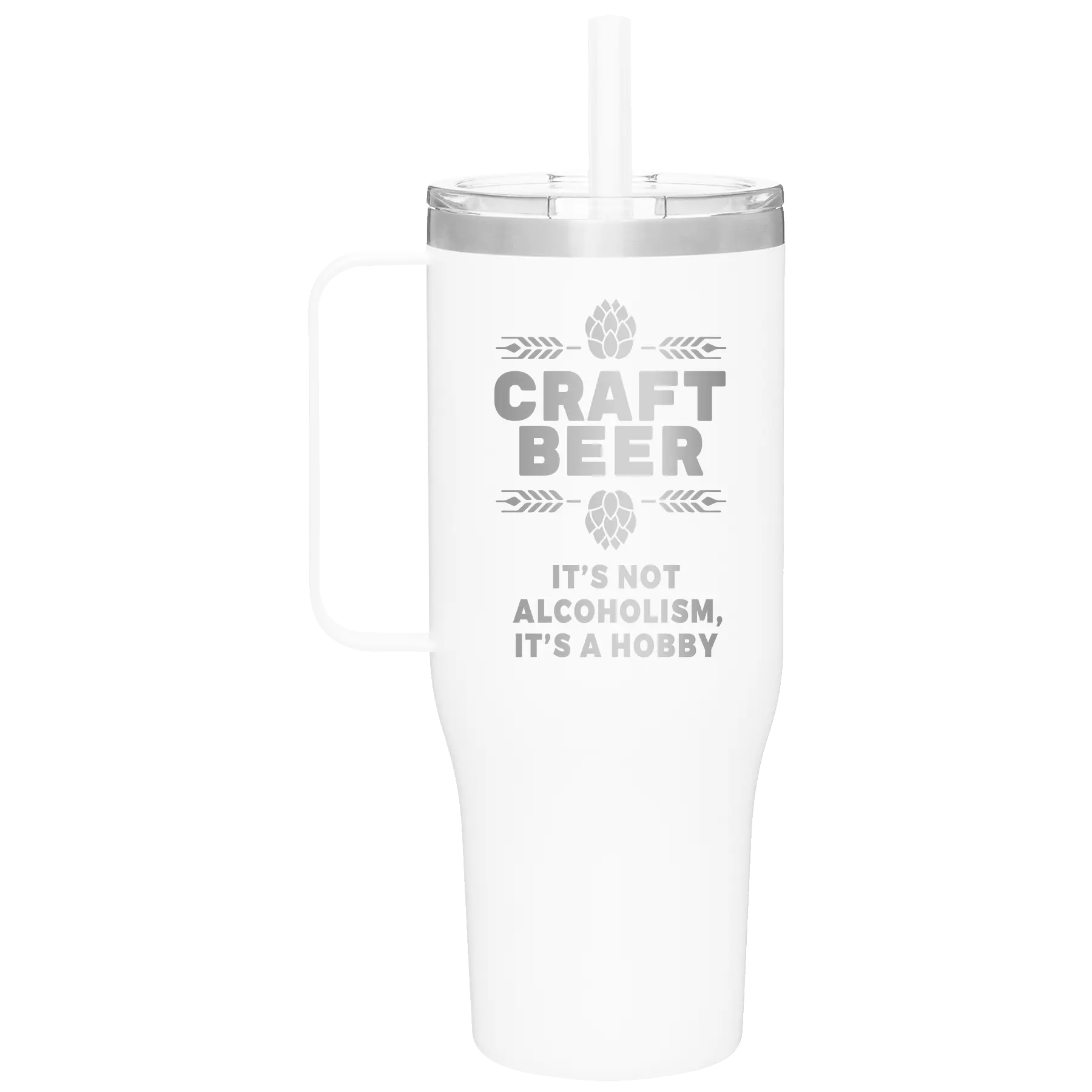 Laser etched white 40 oz vacuum insulated tumbler mug with 'Craft Beer' design