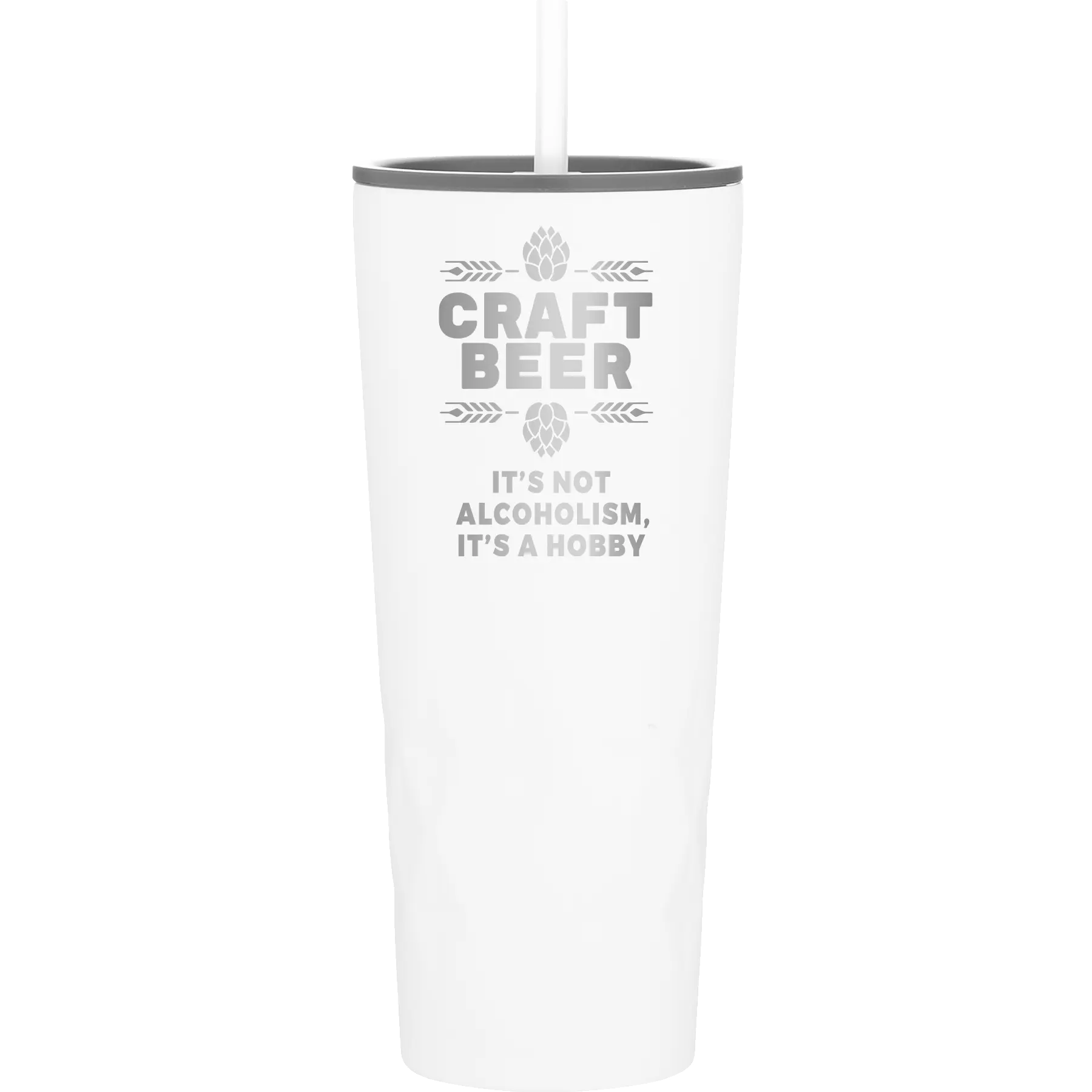 Laser etched white 20 oz vacuum insulated tumbler with 'Craft Beer' design