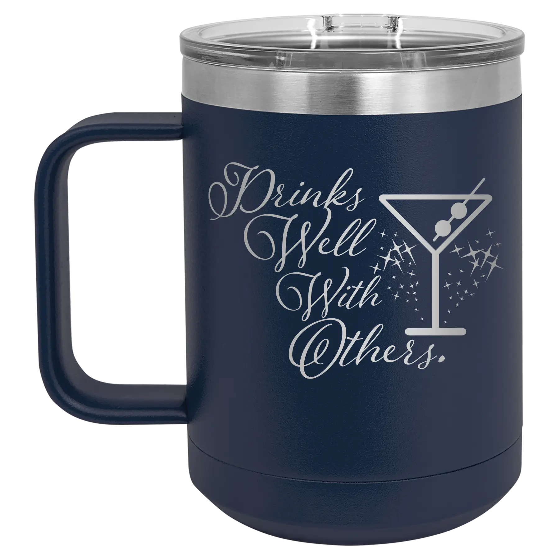 Laser etched navy 15 oz vacuum insulated coffee mug with 'Drinks Well With Others 2' design