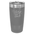 Laser etched dark gray 20 oz vacuum insulated tumbler with 'Drinks Well With Others 2' design