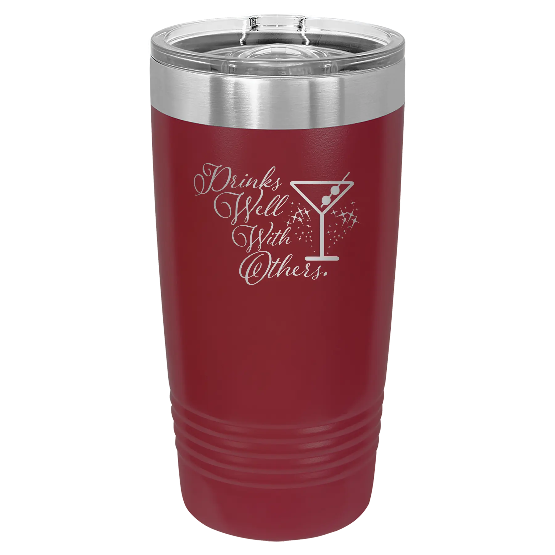 Laser etched maroon 20 oz vacuum insulated tumbler with 'Drinks Well With Others 2' design
