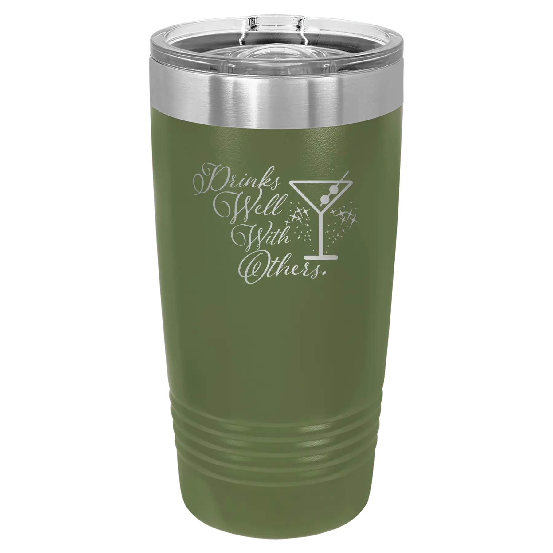Laser etched olive green 20 oz vacuum insulated tumbler with 'Drinks Well With Others 2' design