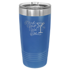 Laser etched royal blue 20 oz vacuum insulated tumbler with 'Drinks Well With Others 2' design