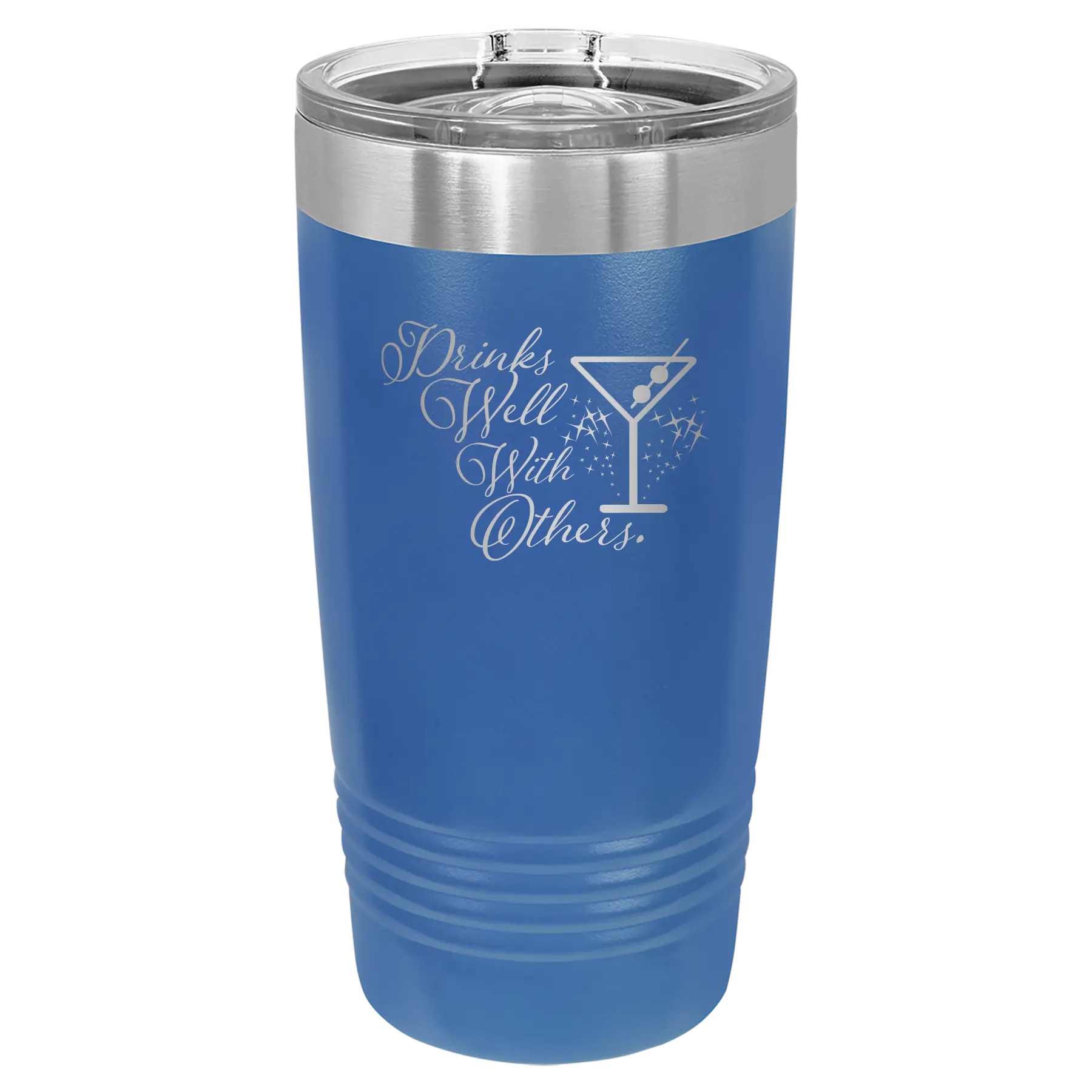 Laser etched royal blue 20 oz vacuum insulated tumbler with 'Drinks Well With Others 2' design