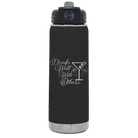 Laser etched black 20 oz vacuum insulated water bottle with 'Drinks Well With Others 2' design
