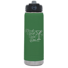 Laser etched green 20 oz vacuum insulated water bottle with 'Drinks Well With Others 2' design