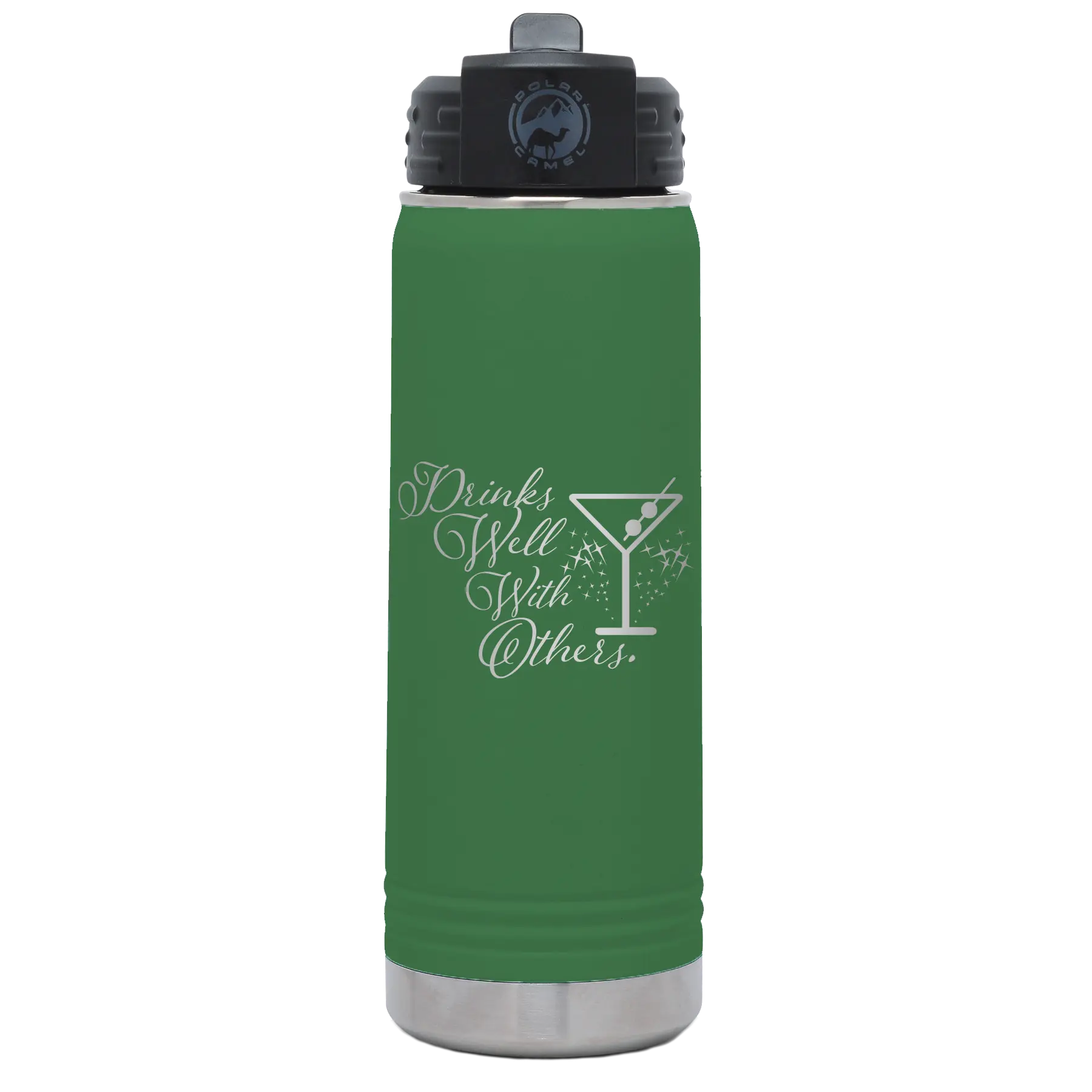 Laser etched green 20 oz vacuum insulated water bottle with 'Drinks Well With Others 2' design