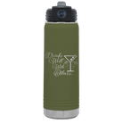 Laser etched olive green 20 oz vacuum insulated water bottle with 'Drinks Well With Others 2' design